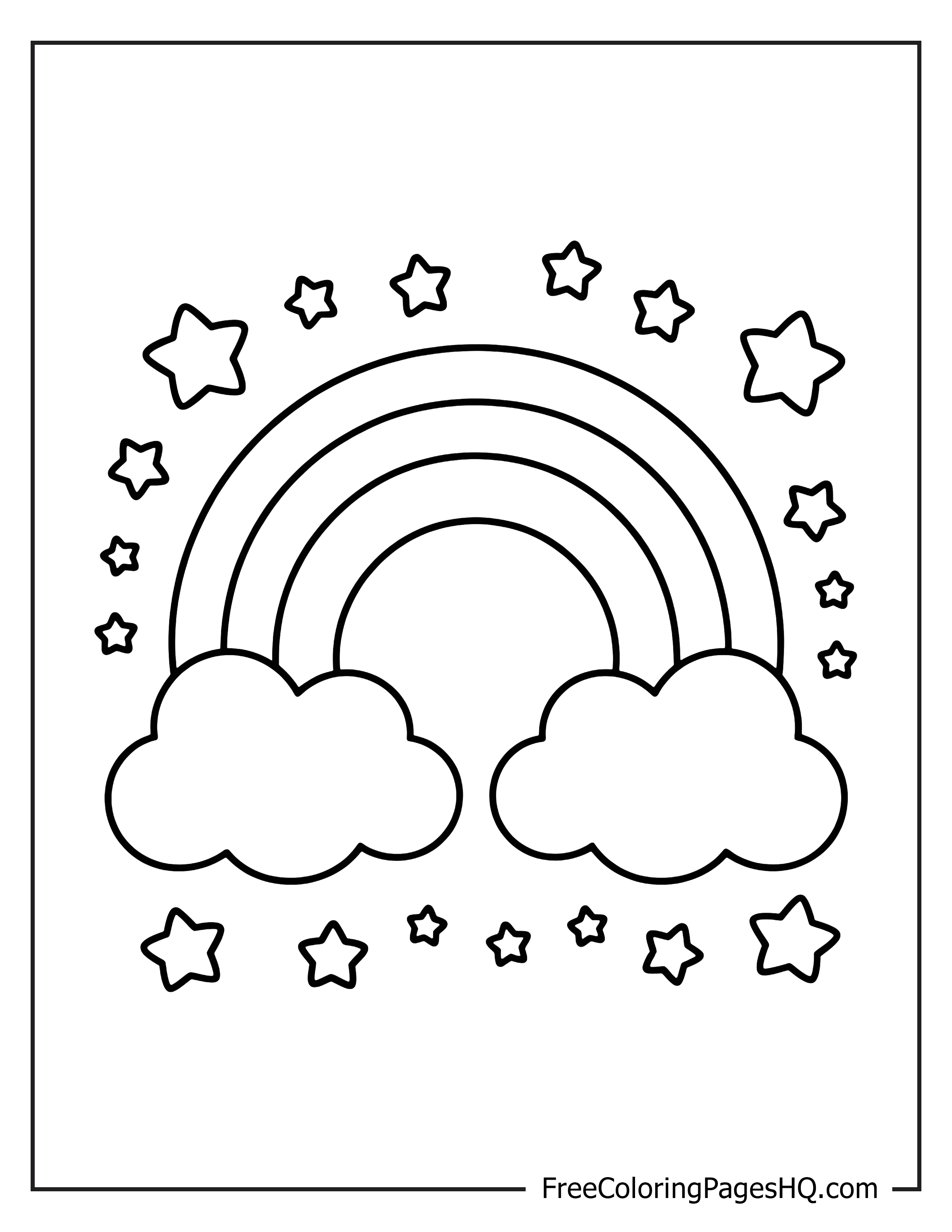 Illustration of a rainbow and clouds with surrounding stars.