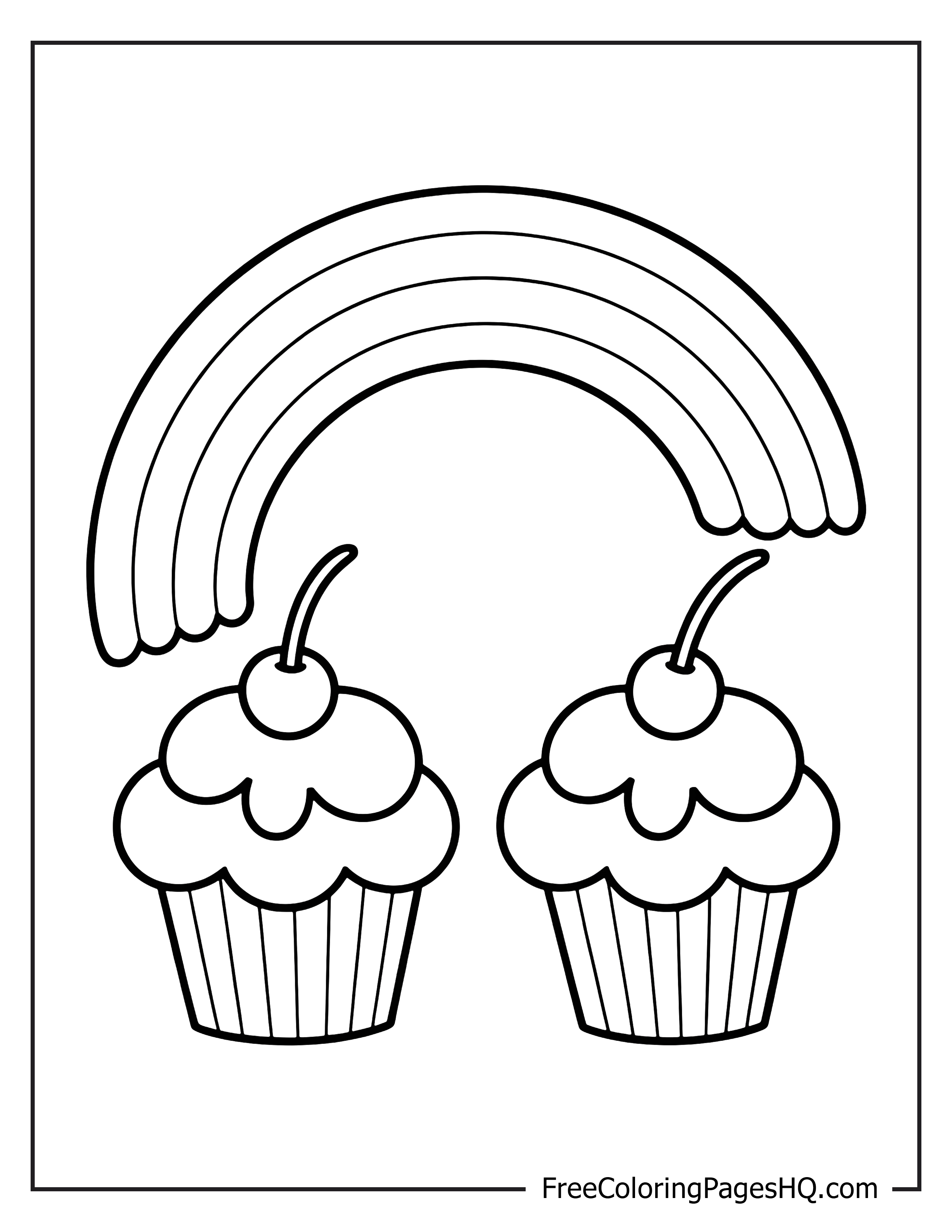 Rainbow and cupcakes illustration with cherries.