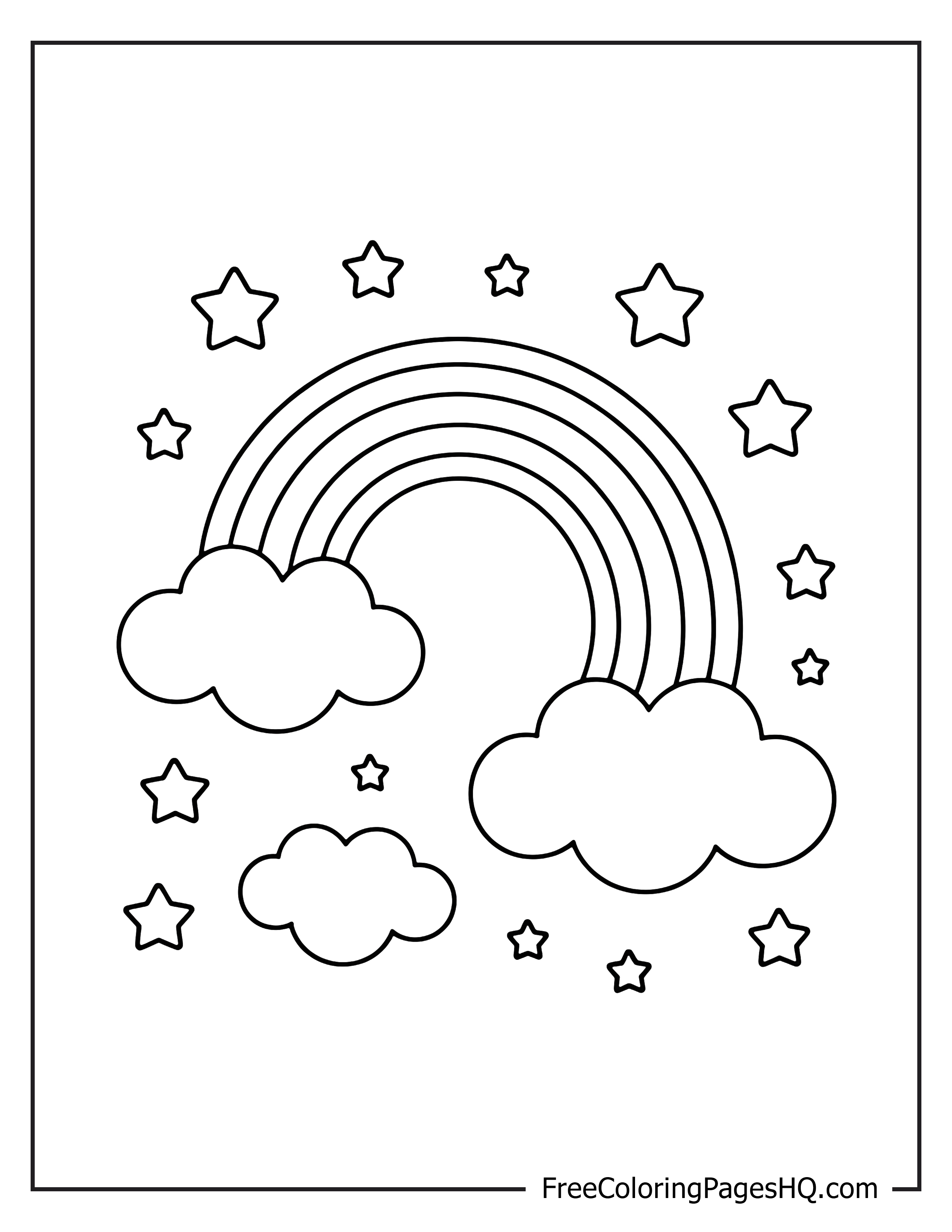 Charming rainbow and stars with cheerful clouds.