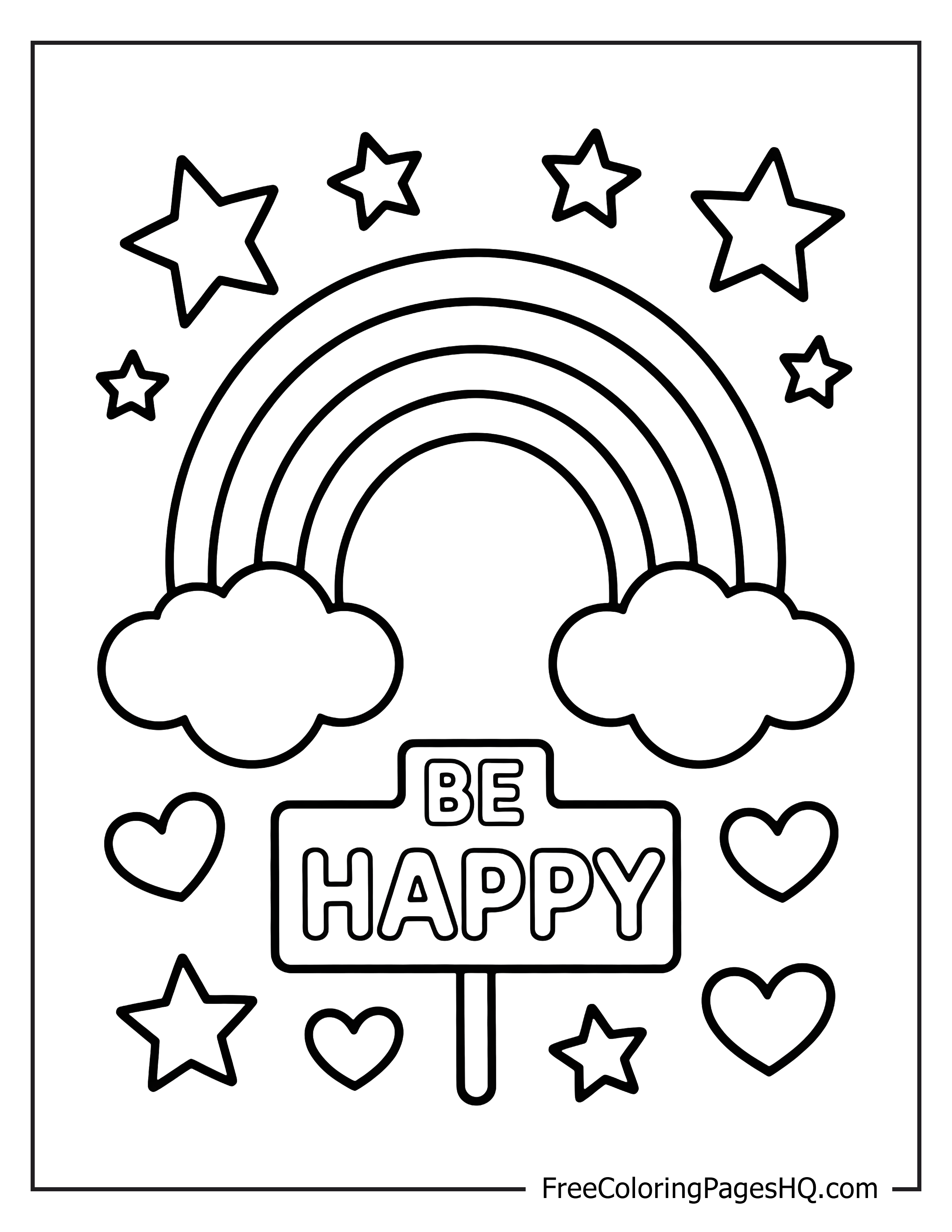 Colorful rainbow, clouds, stars, and hearts illustration.