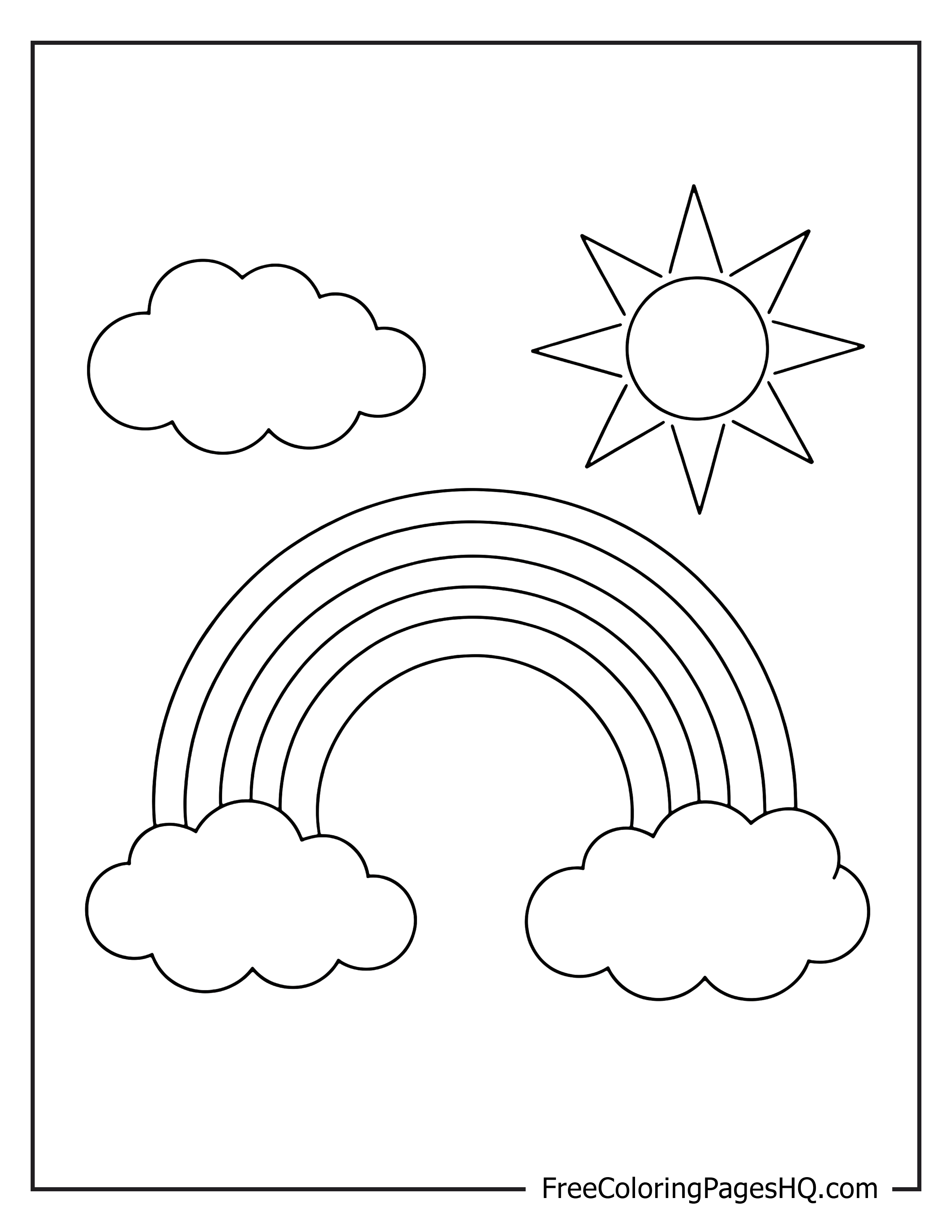 Rainbow and sun illustration with fluffy clouds.