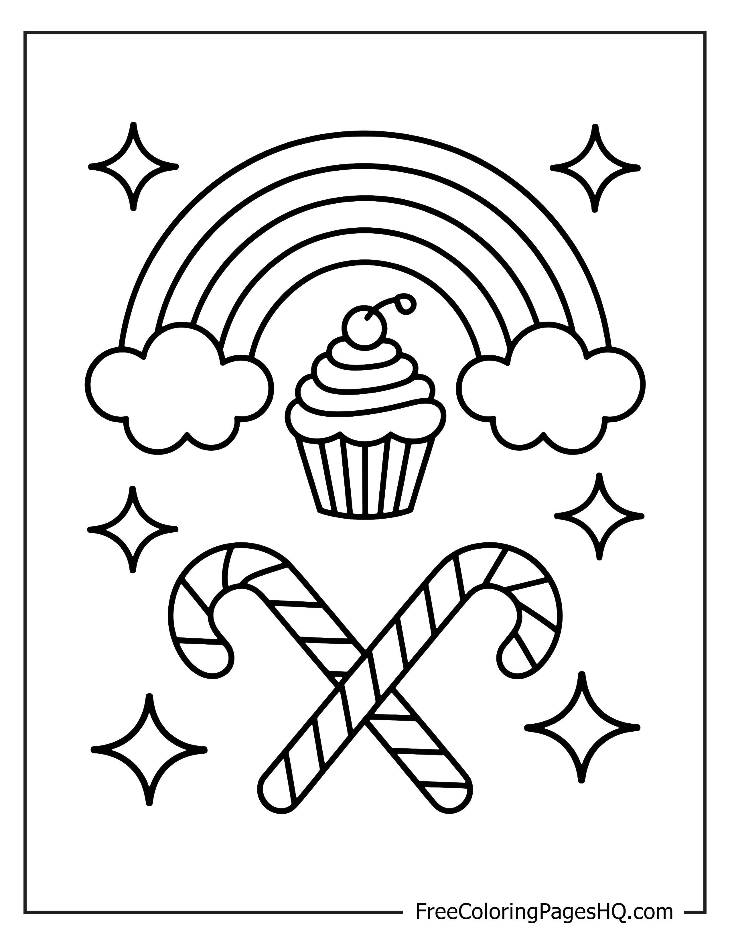 Cupcake and candy canes under a rainbow with stars.