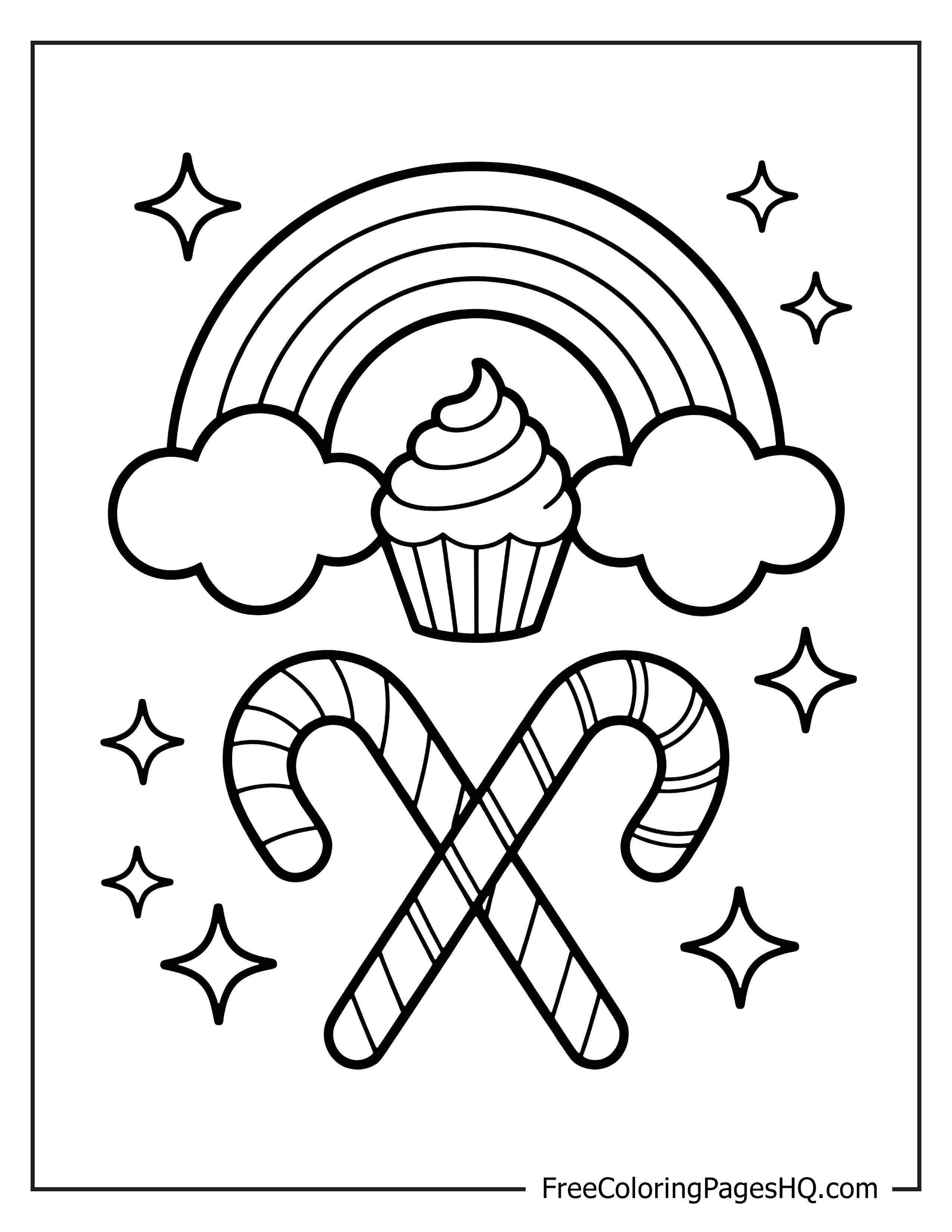 Rainbow, cupcake, and candy canes with stars illustration.