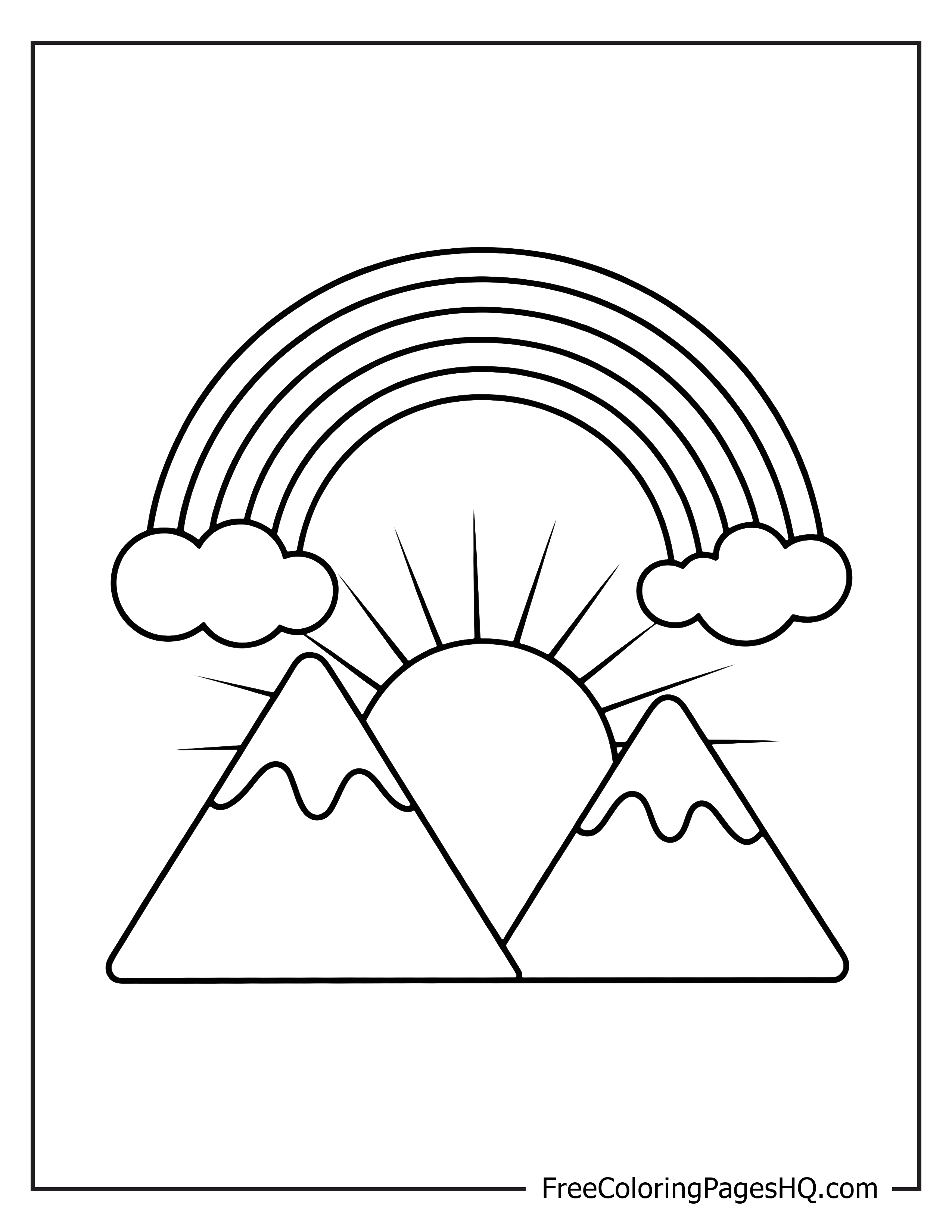 Illustration of a rainbow, sun, and mountains for children.