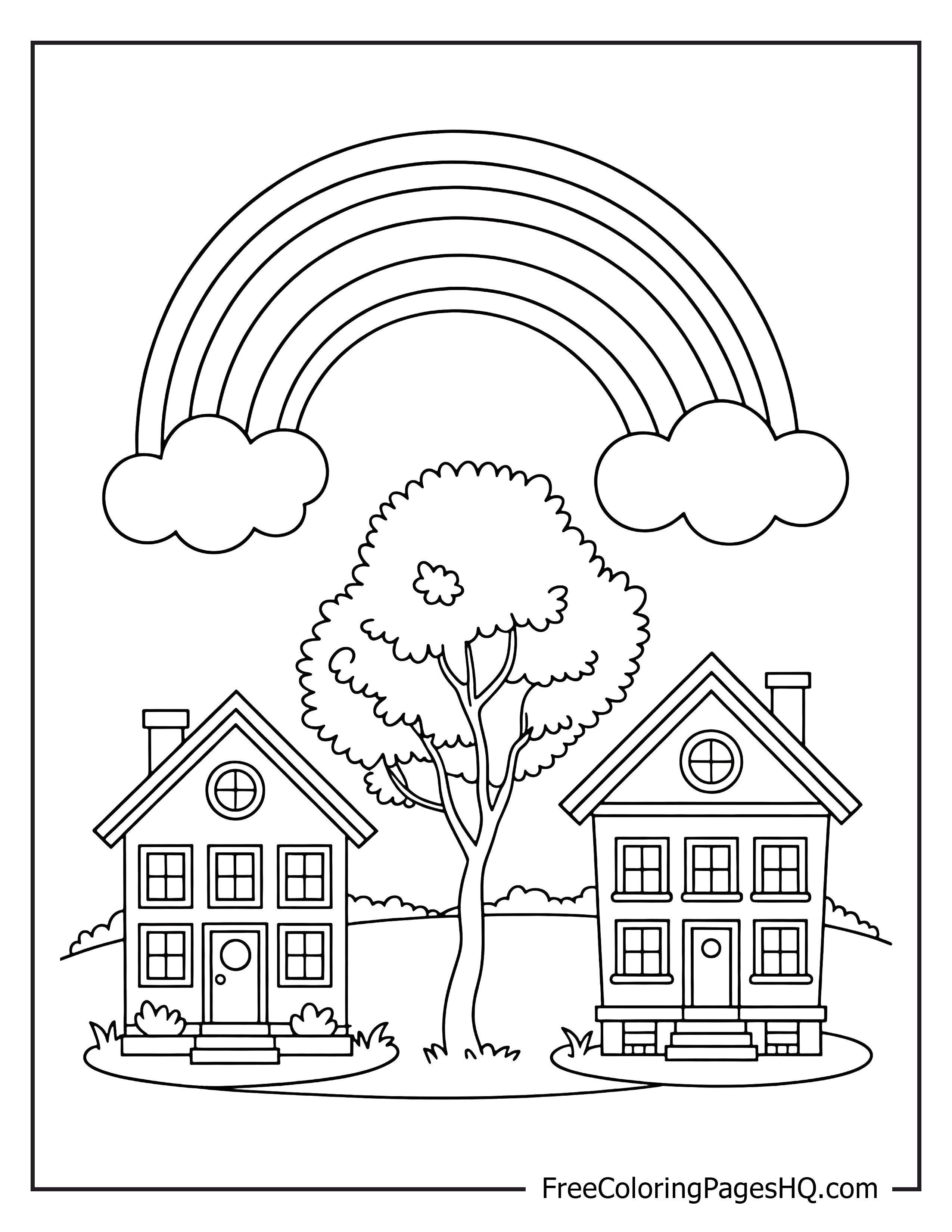 Coloring page of a rainbow over houses and a tree.
