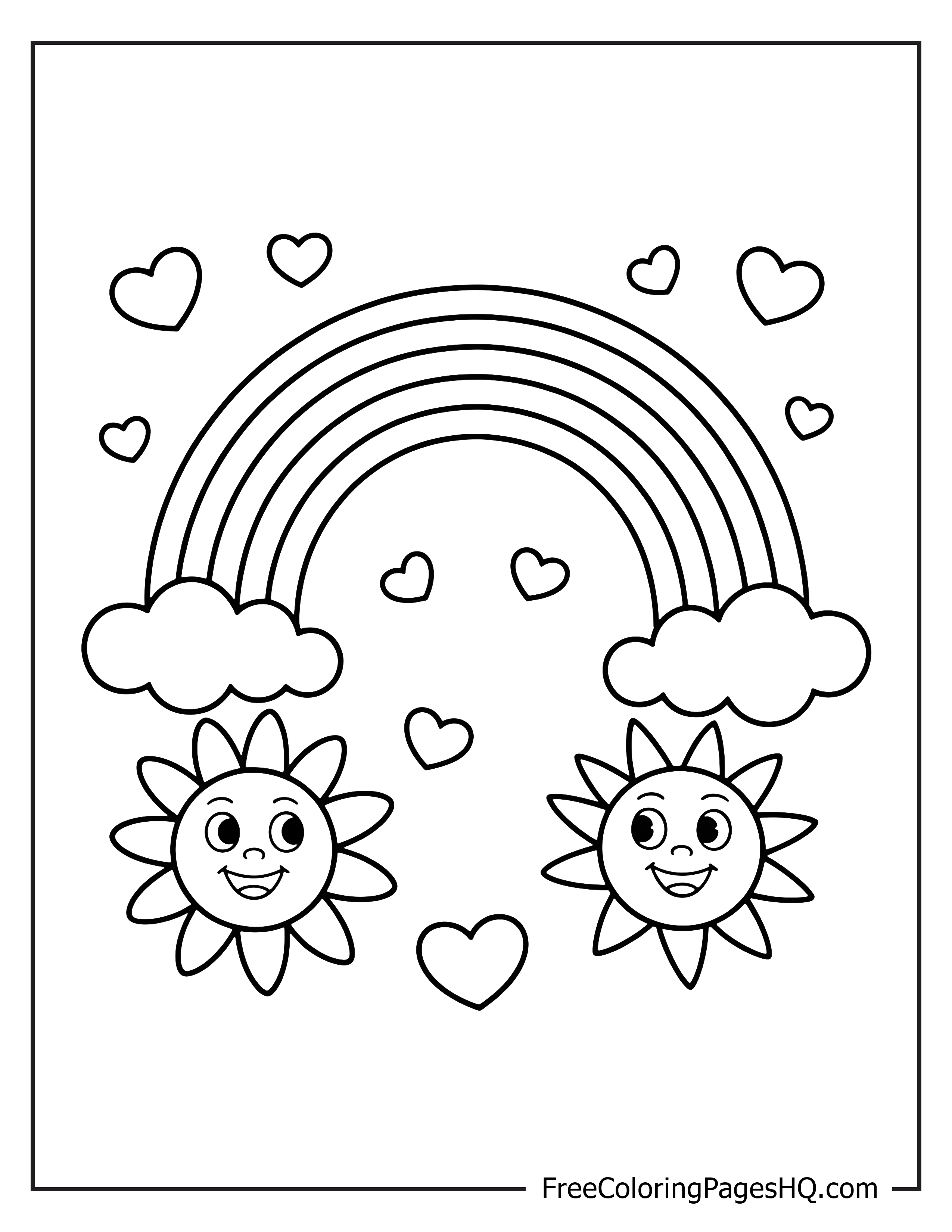 Rainbow with smiling suns and hearts design for kids.