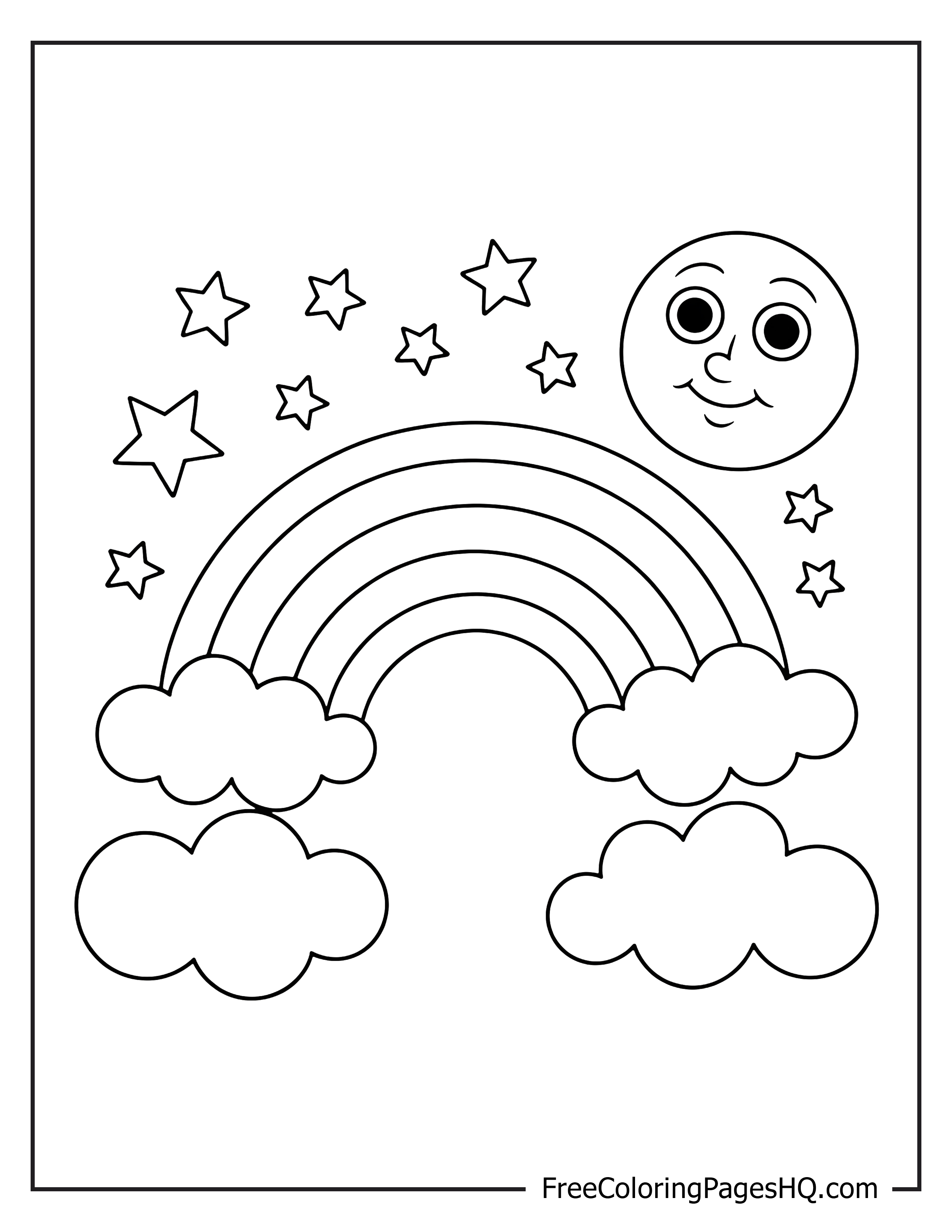 Rainbow illustration with clouds and a smiling sun.