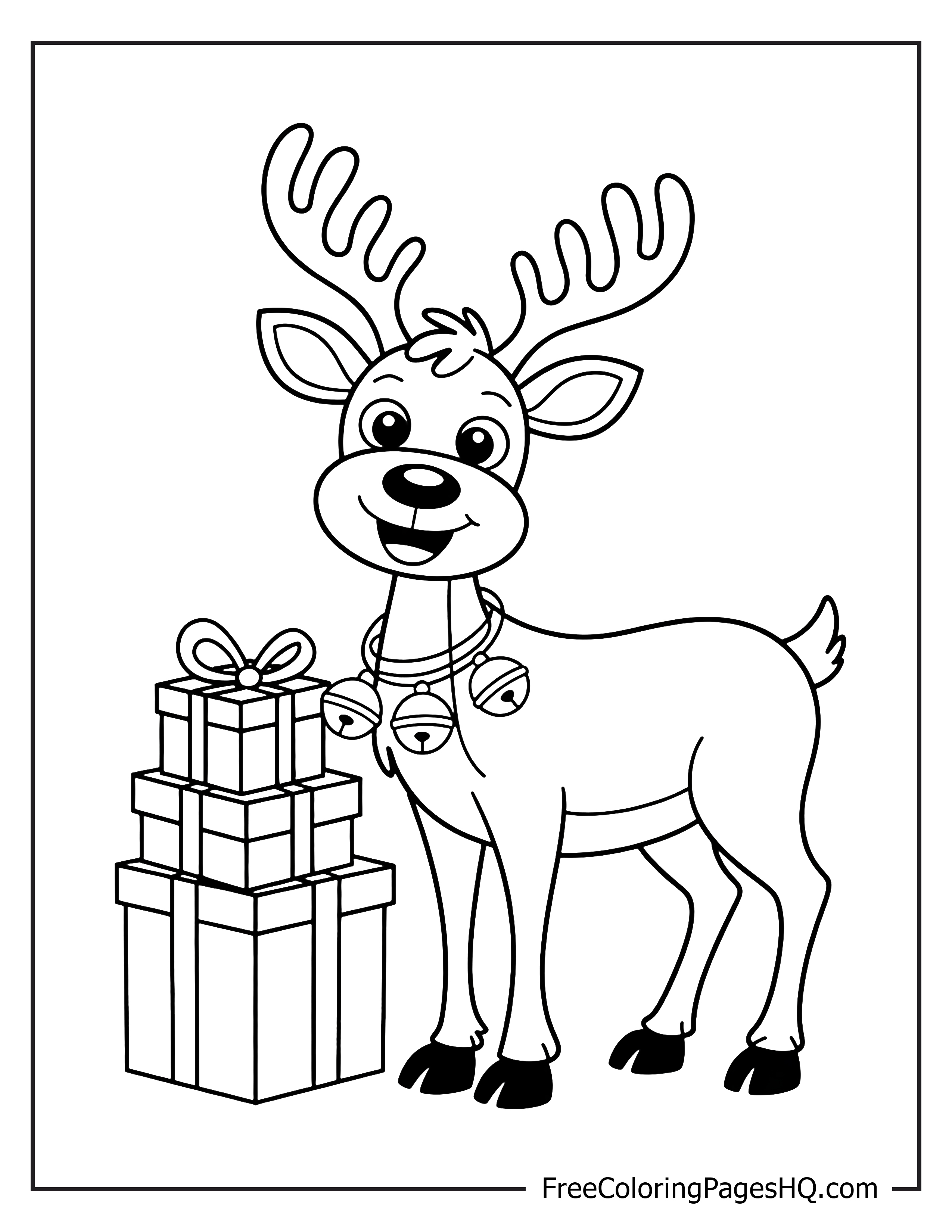 Happy reindeer and gifts illustration for kids.