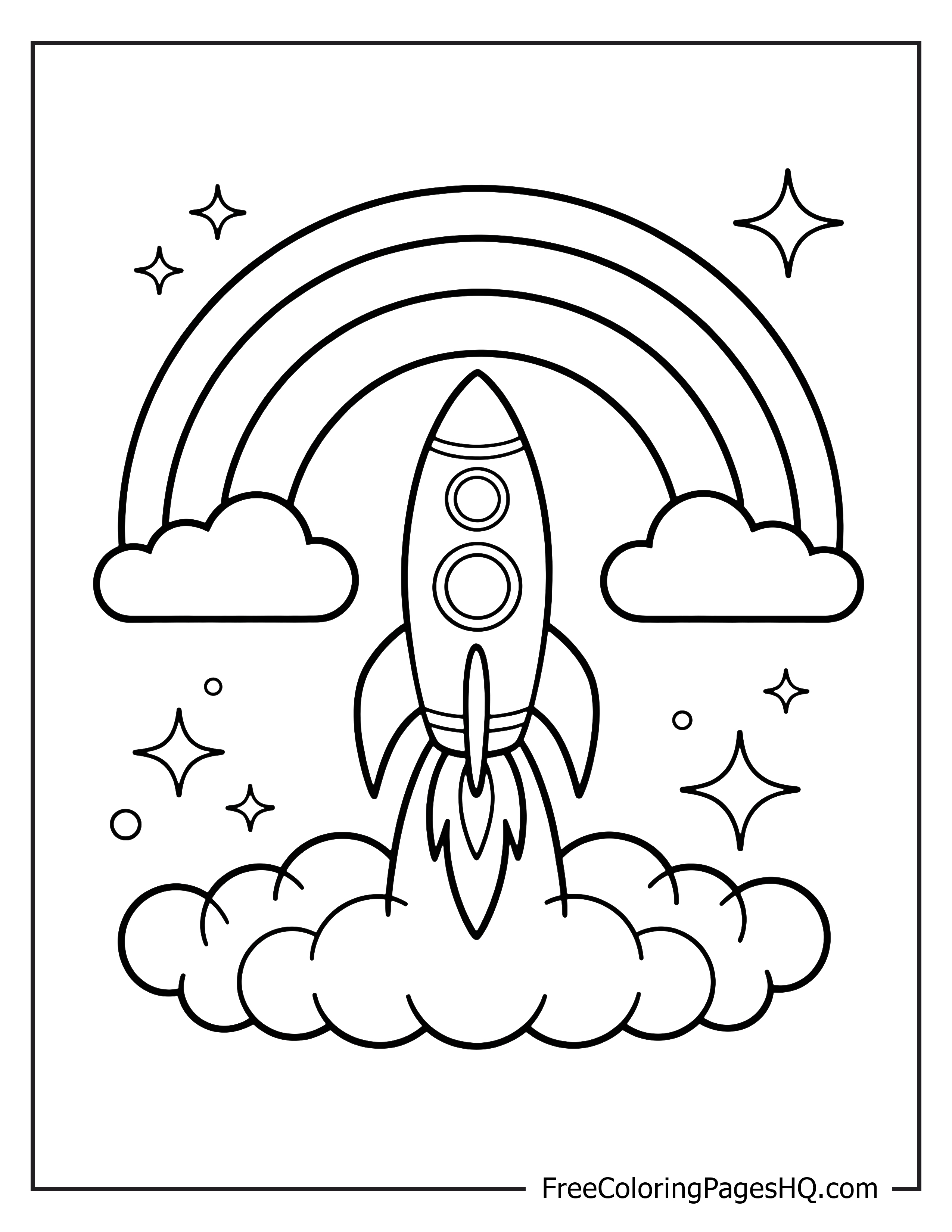 Rocket launching through clouds under a rainbow.