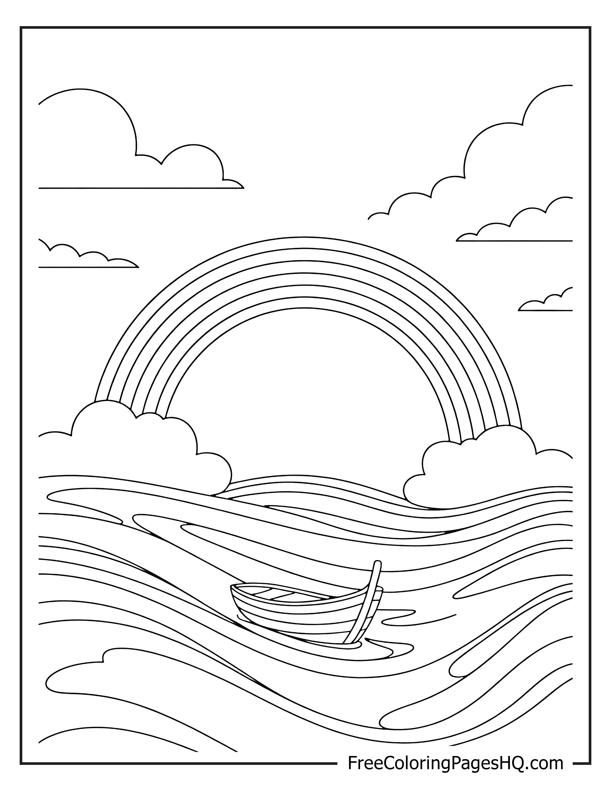 Illustration of a boat on the ocean with a rainbow overhead.