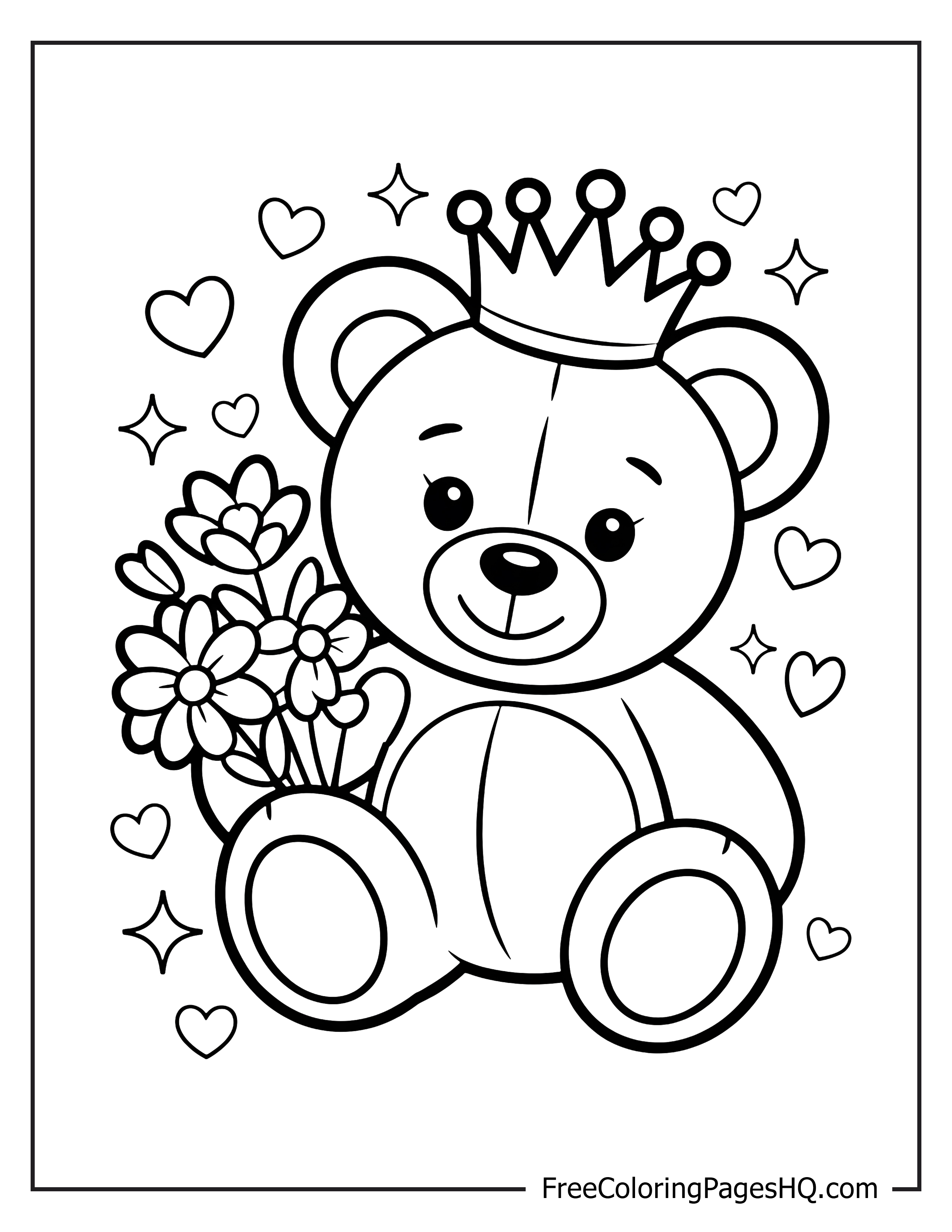 Teddy bear with a crown and flowers amid hearts.