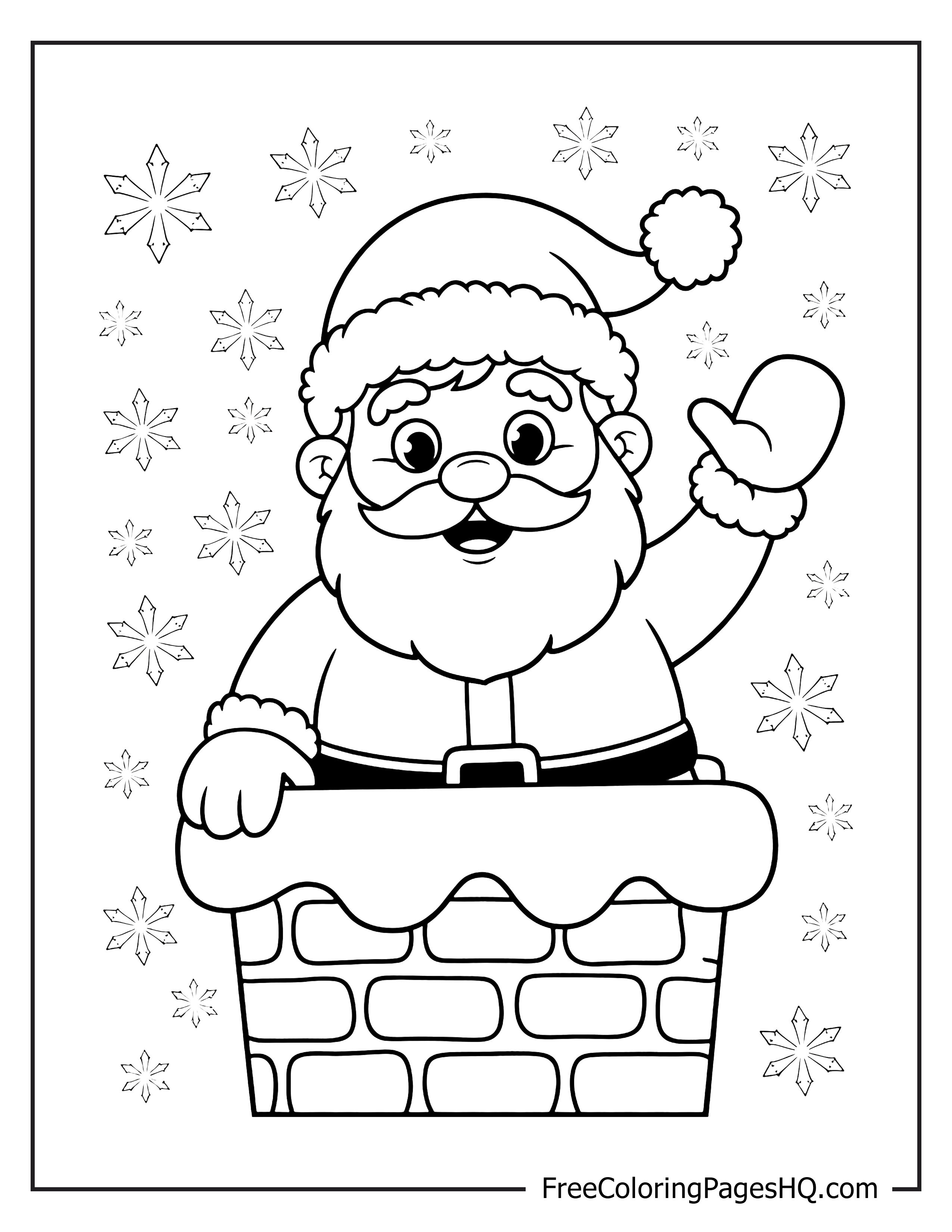 Santa Claus waving from a chimney with snowflakes.