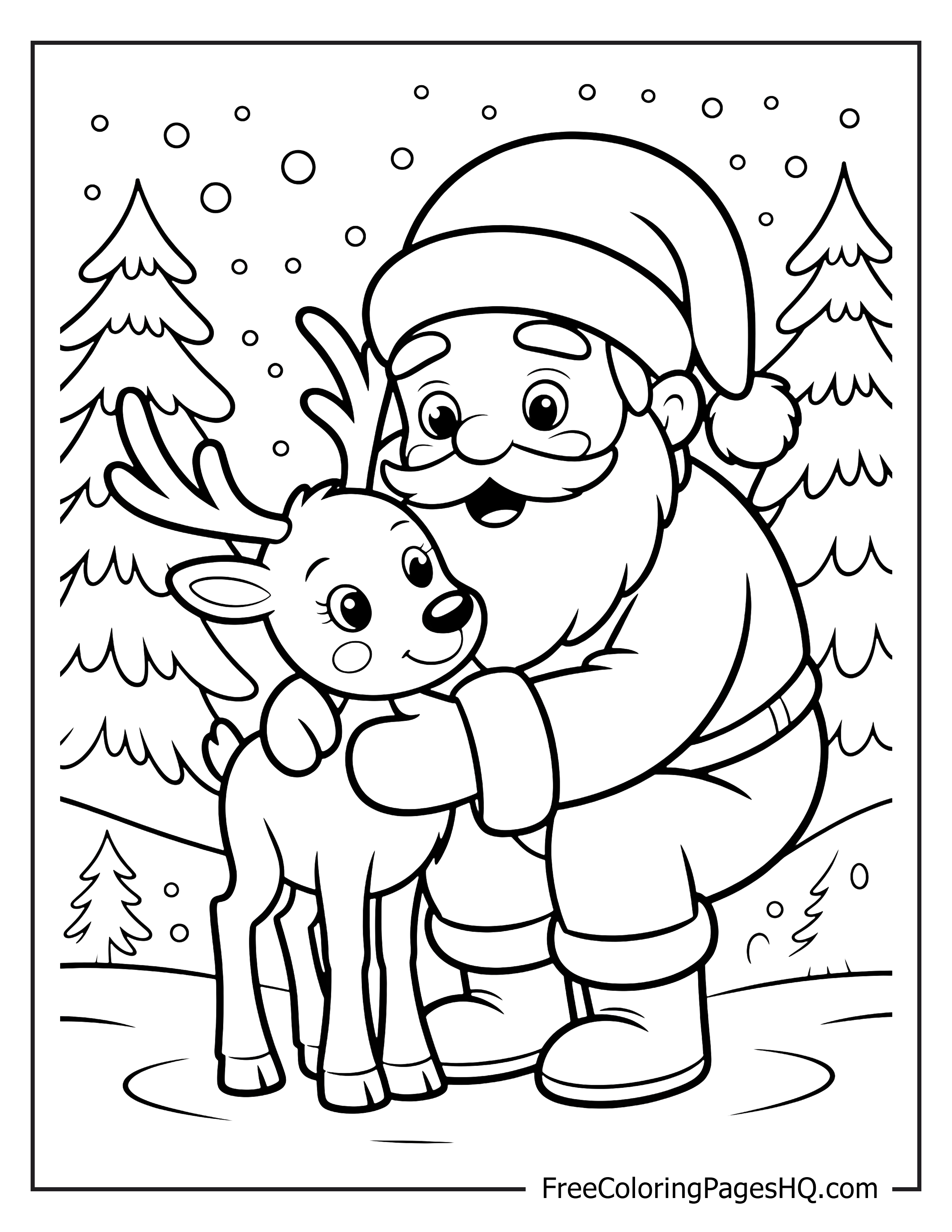 Santa hugging reindeer illustration with snowy trees.
