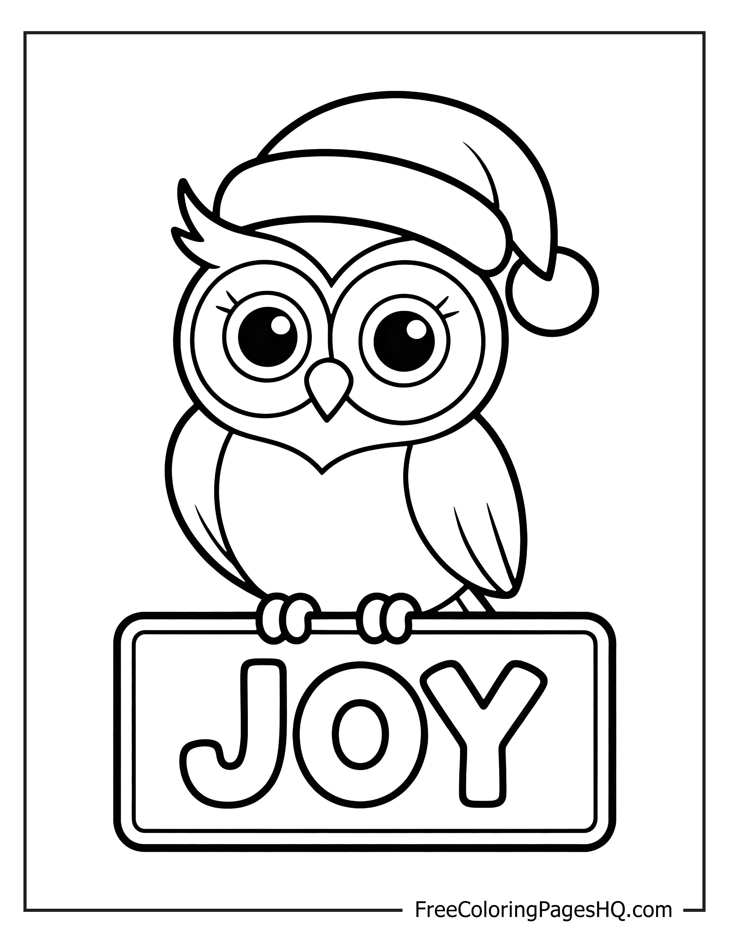 Owl with Santa hat holding a 'JOY' sign.