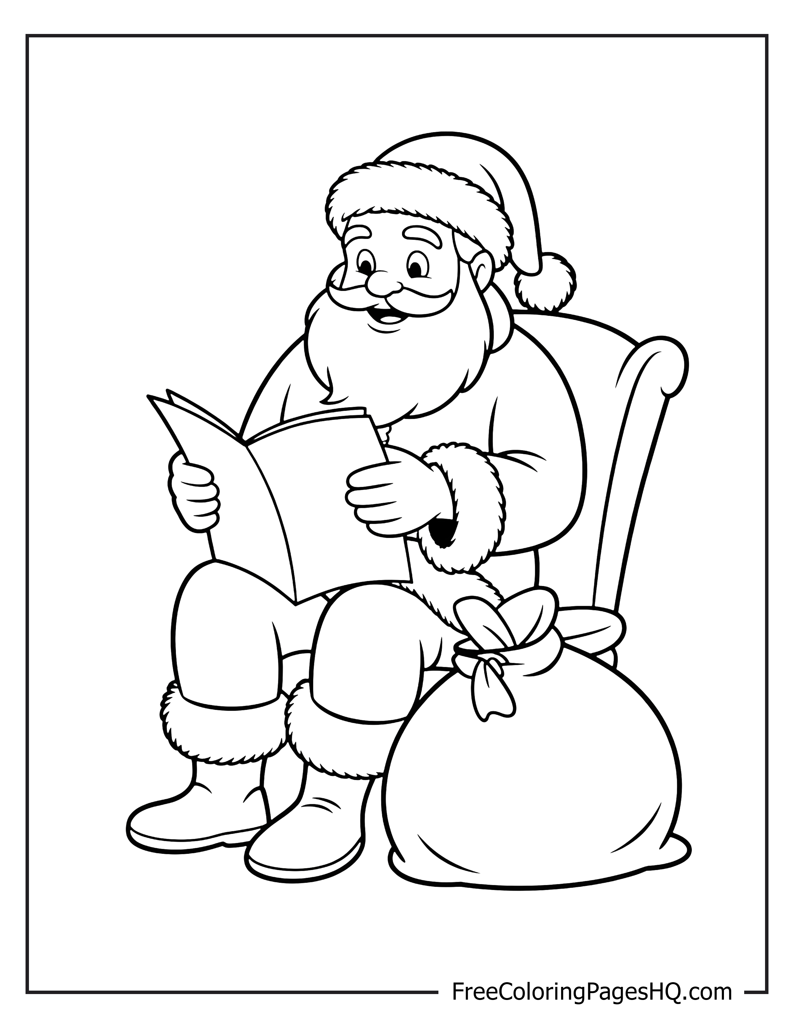 Santa Claus reading with a sack of gifts nearby.