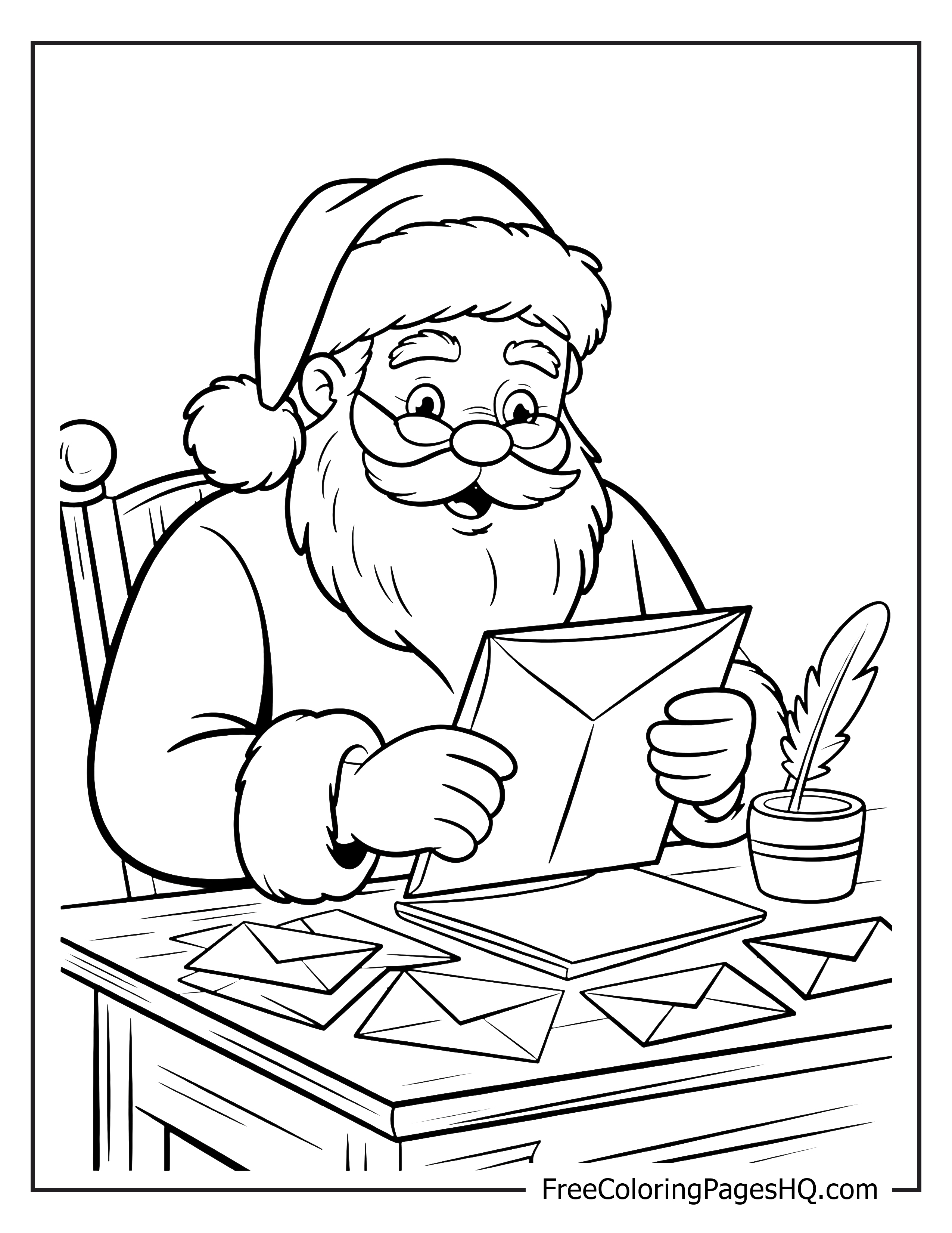 Santa Claus reading letters at his desk illustration.