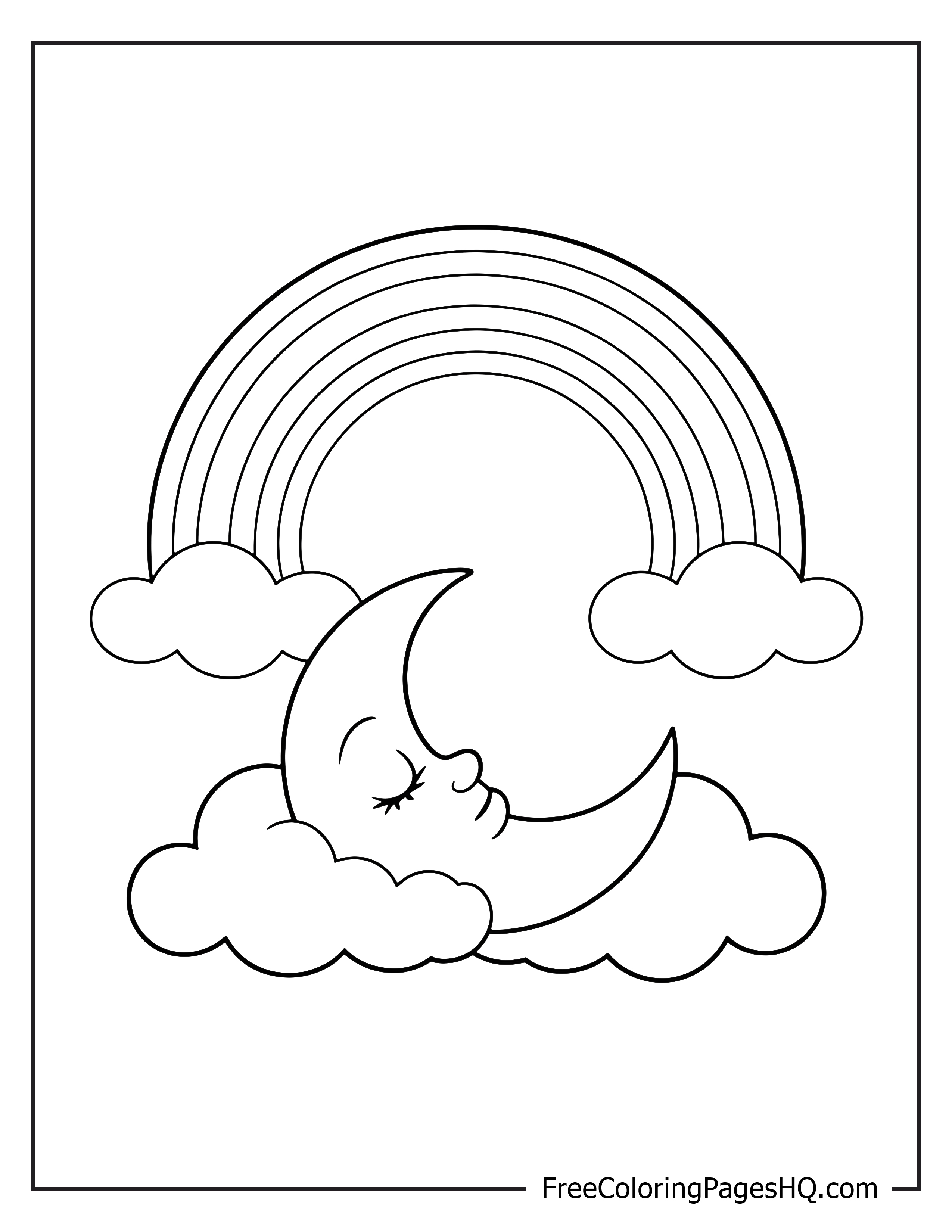 Crescent moon resting on a cloud with rainbow above.