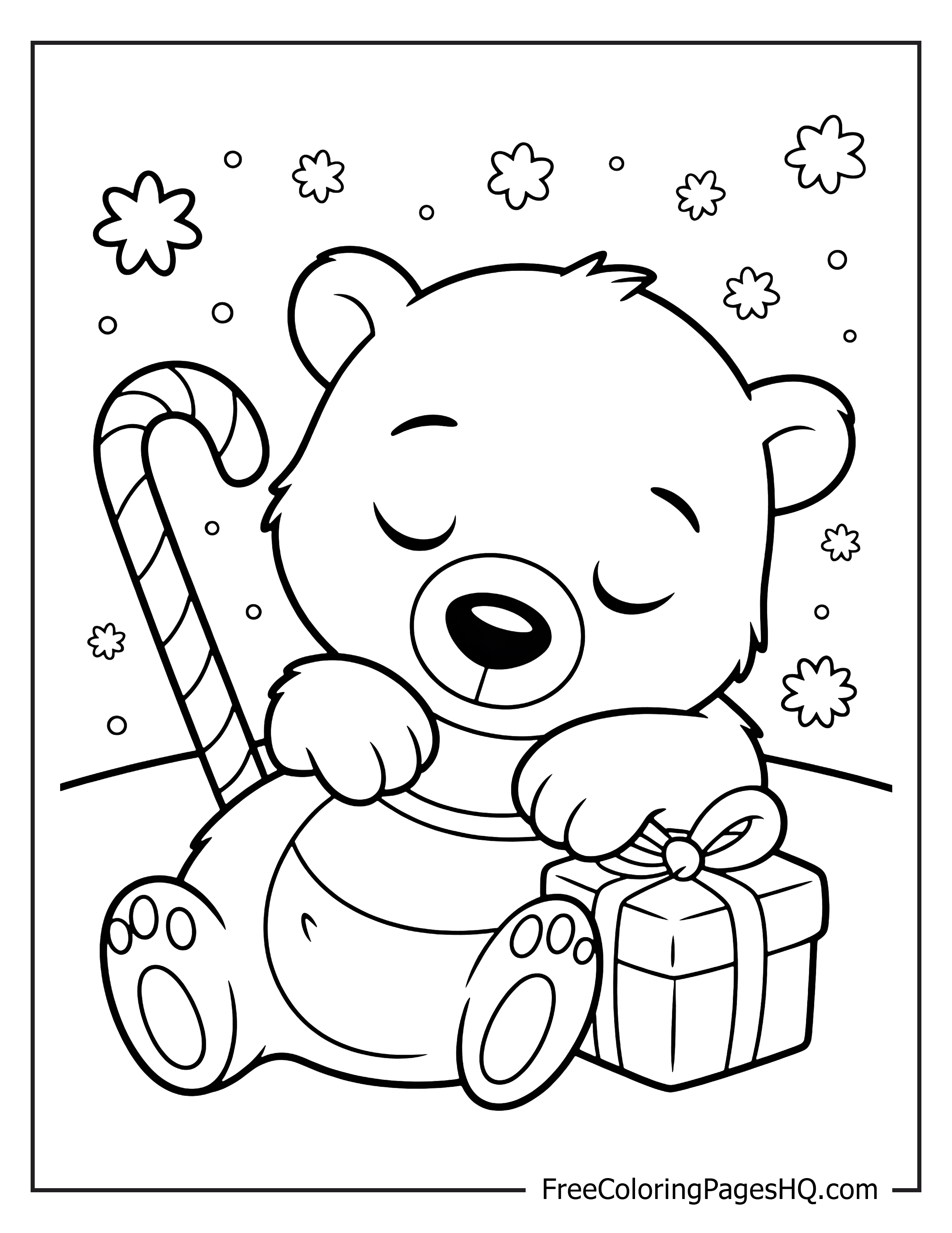 Illustration of a sleepy bear with a gift and candy cane.