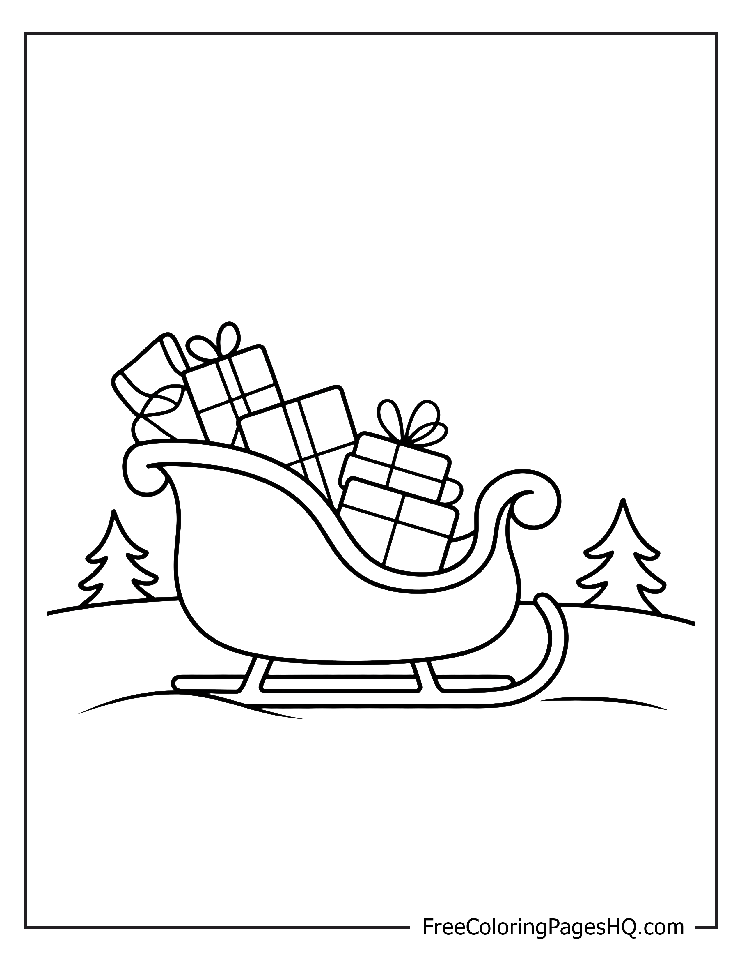 Sleigh carrying gifts surrounded by snowy trees.