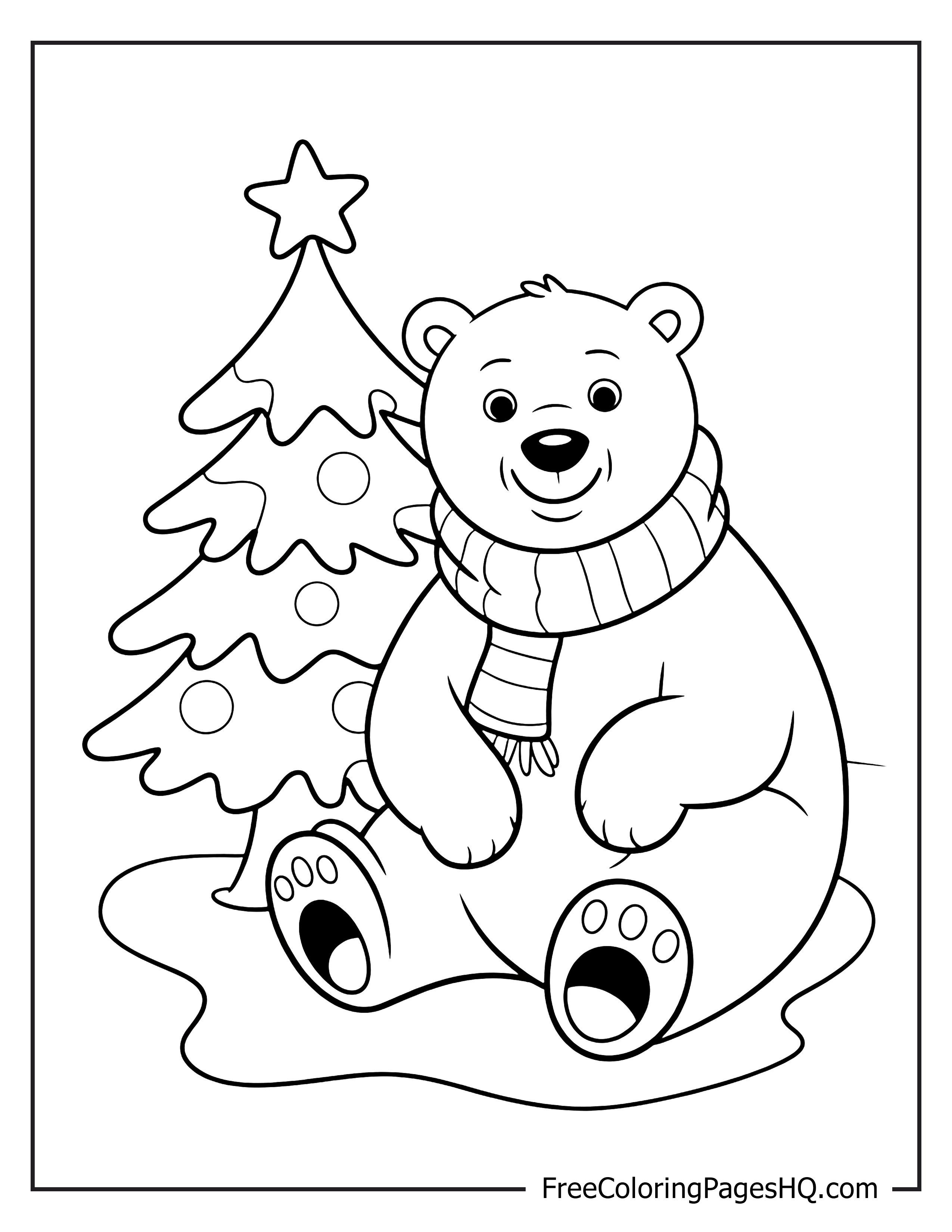 Happy bear and Christmas tree illustration for kids.