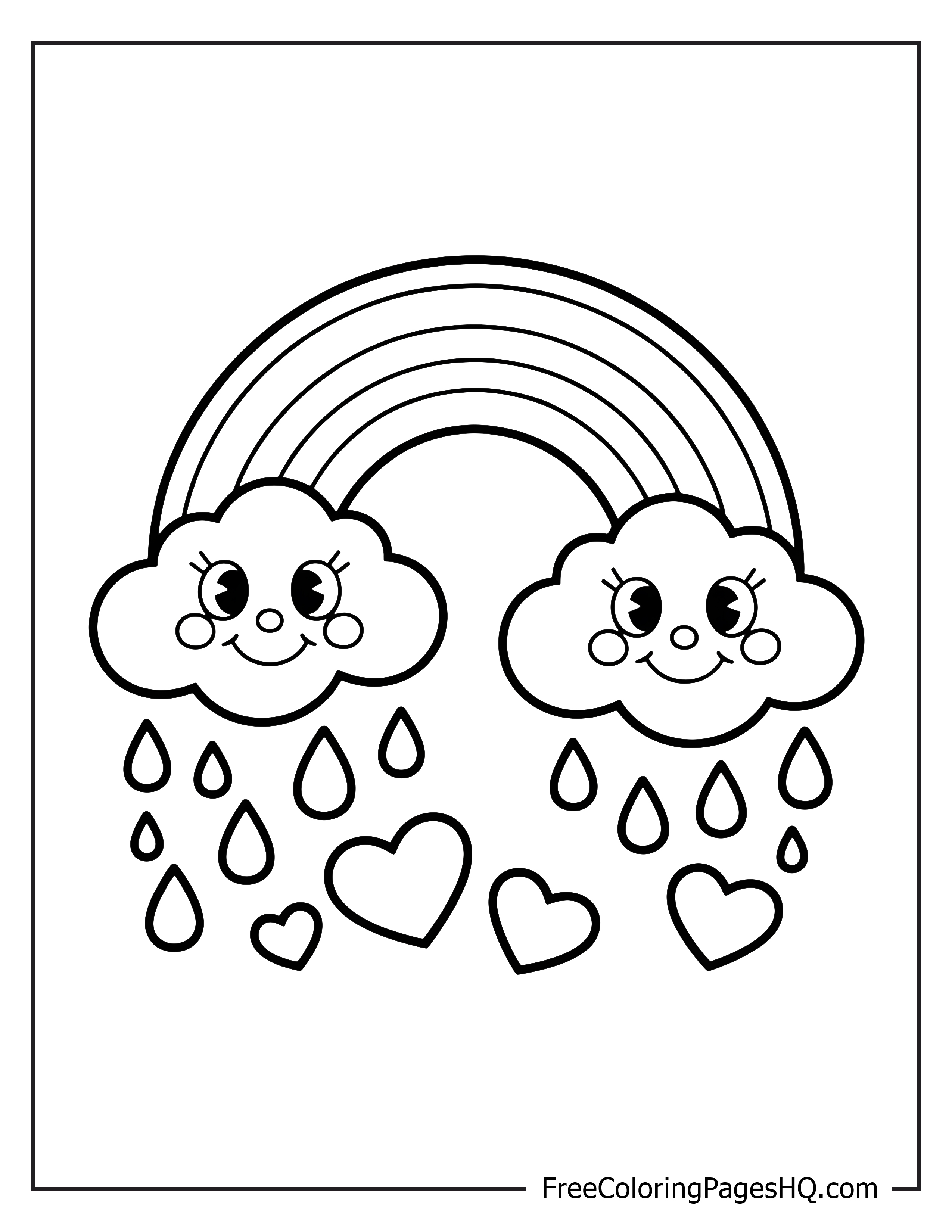 Charming clouds and rainbow with hearts and raindrops.