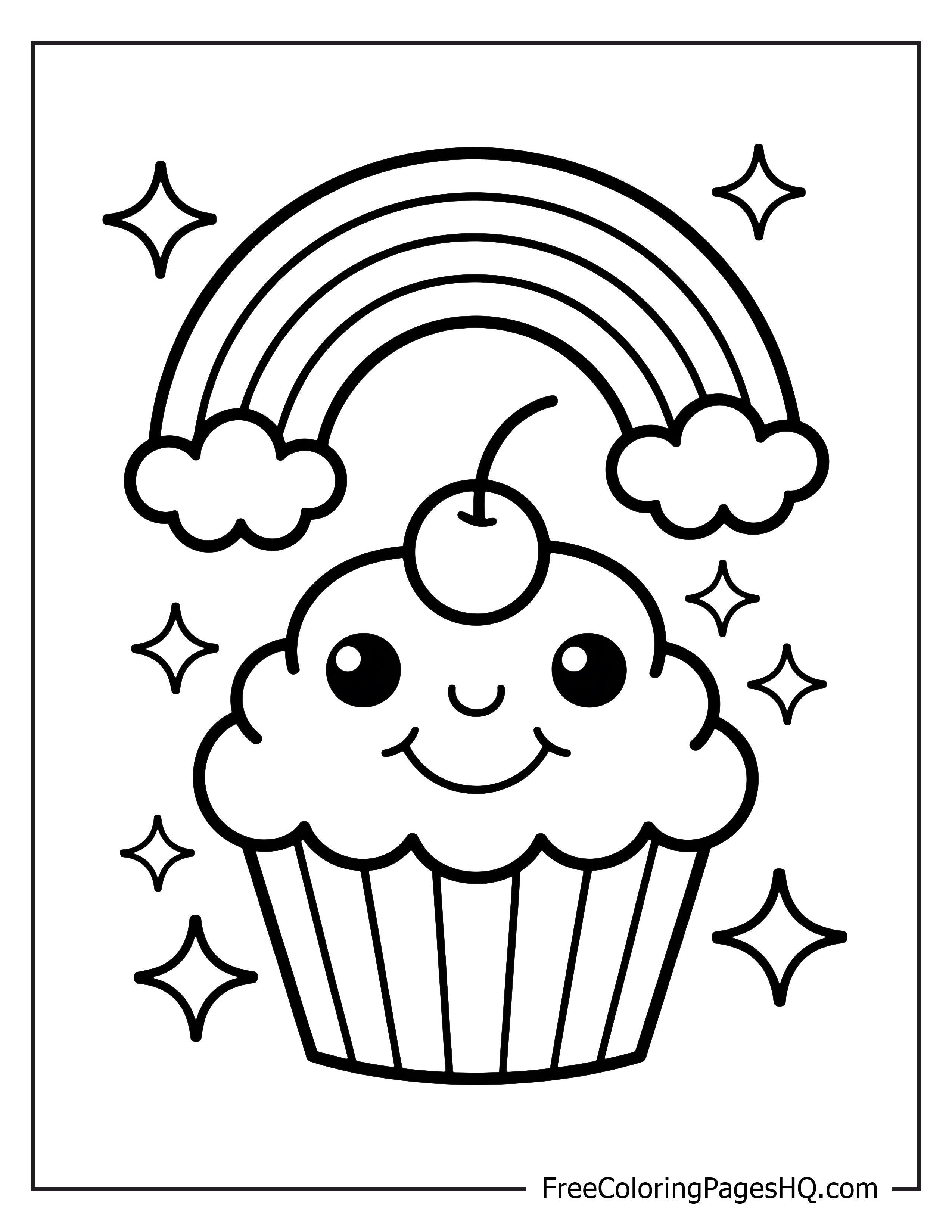 Cute cupcake with cherry and rainbow art.