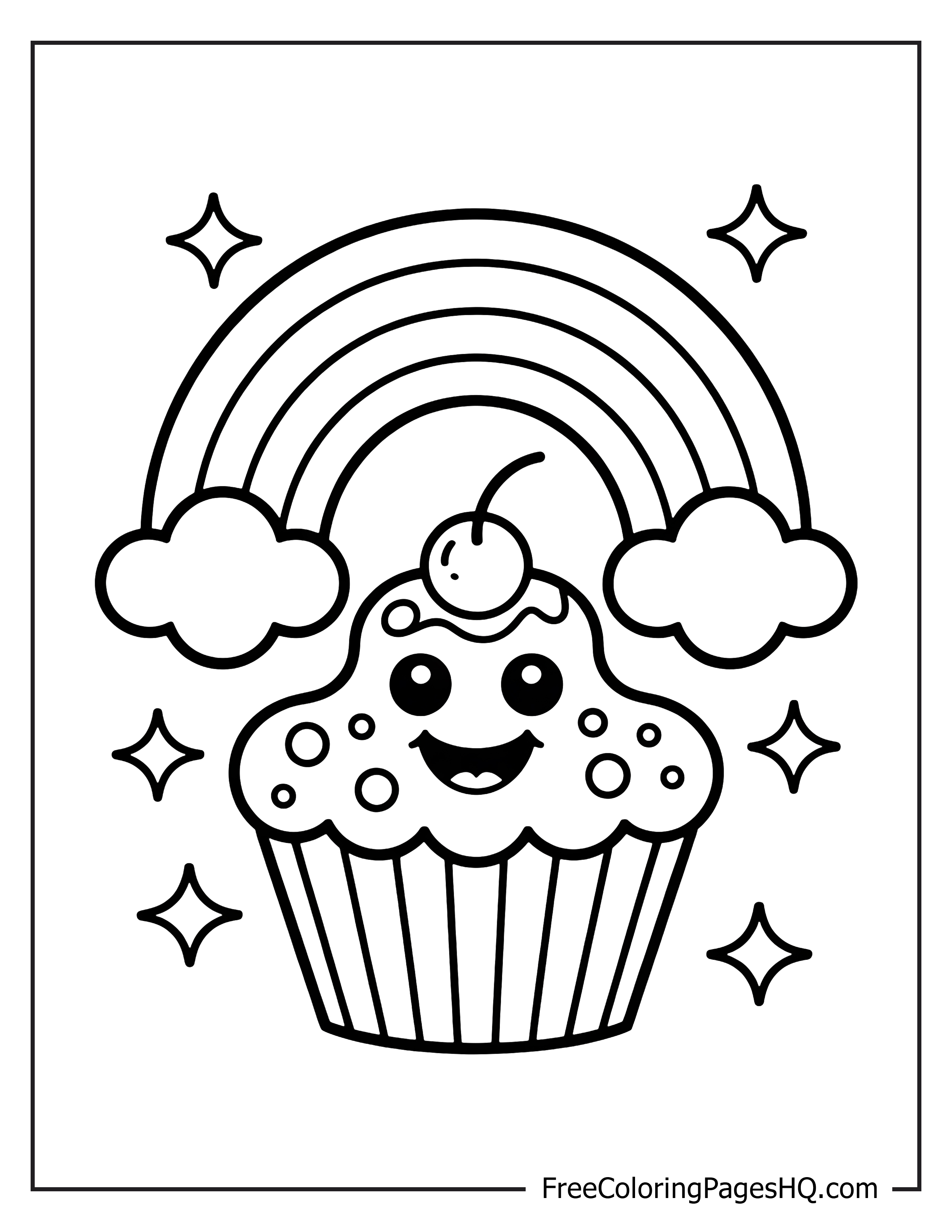 Cheerful cupcake with cherry and rainbow illustration.