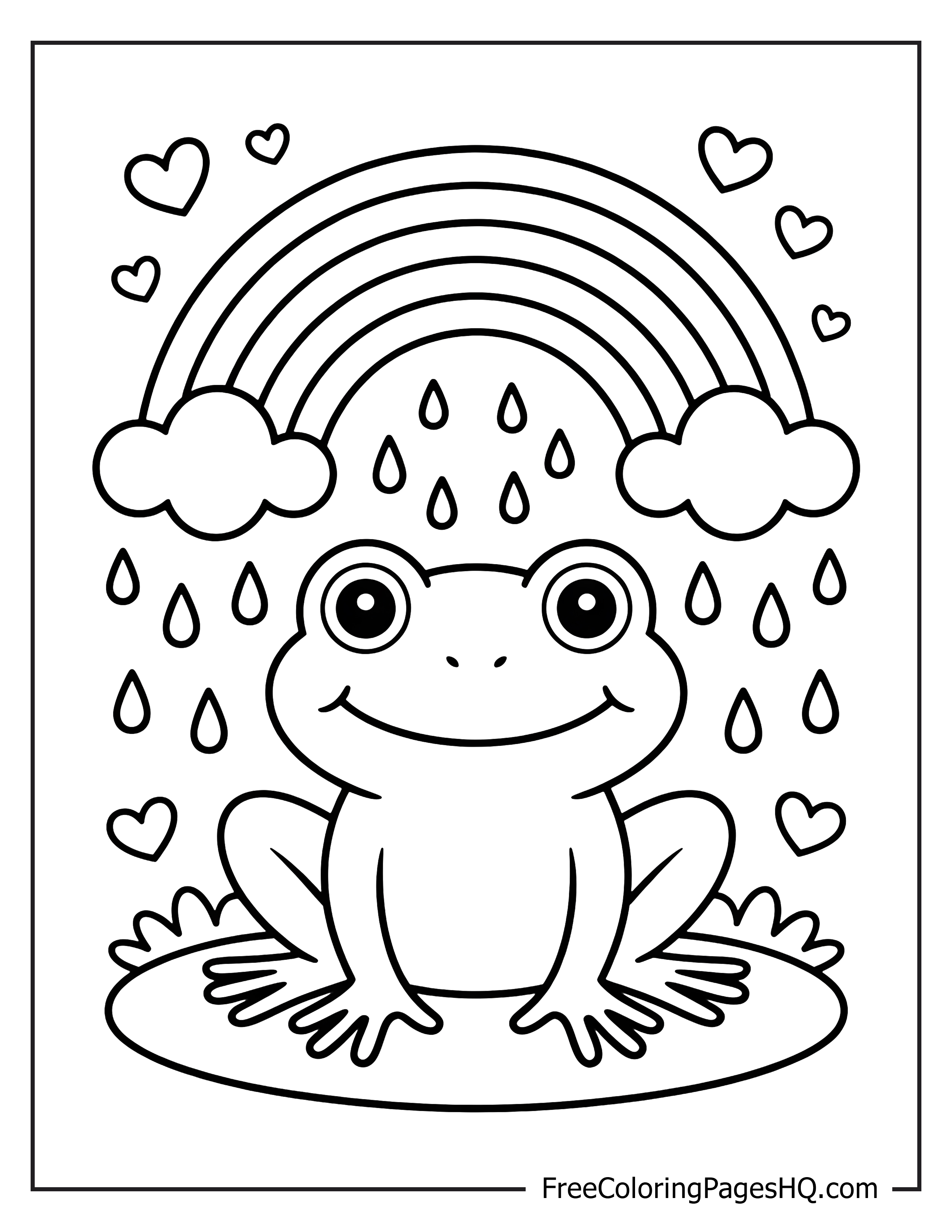 Smiling frog with a rainbow, raindrops, and hearts.