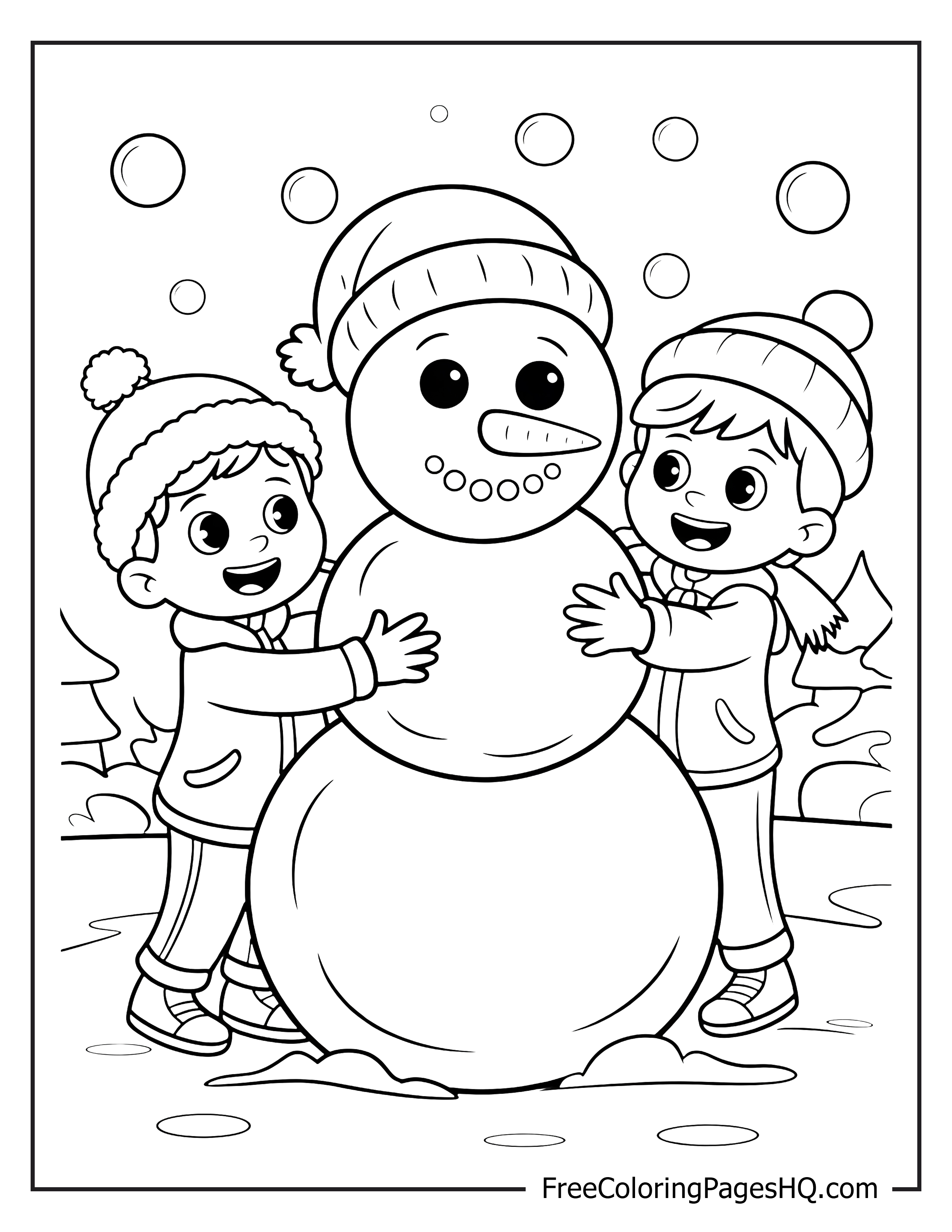 Children playing with a snowman during winter.