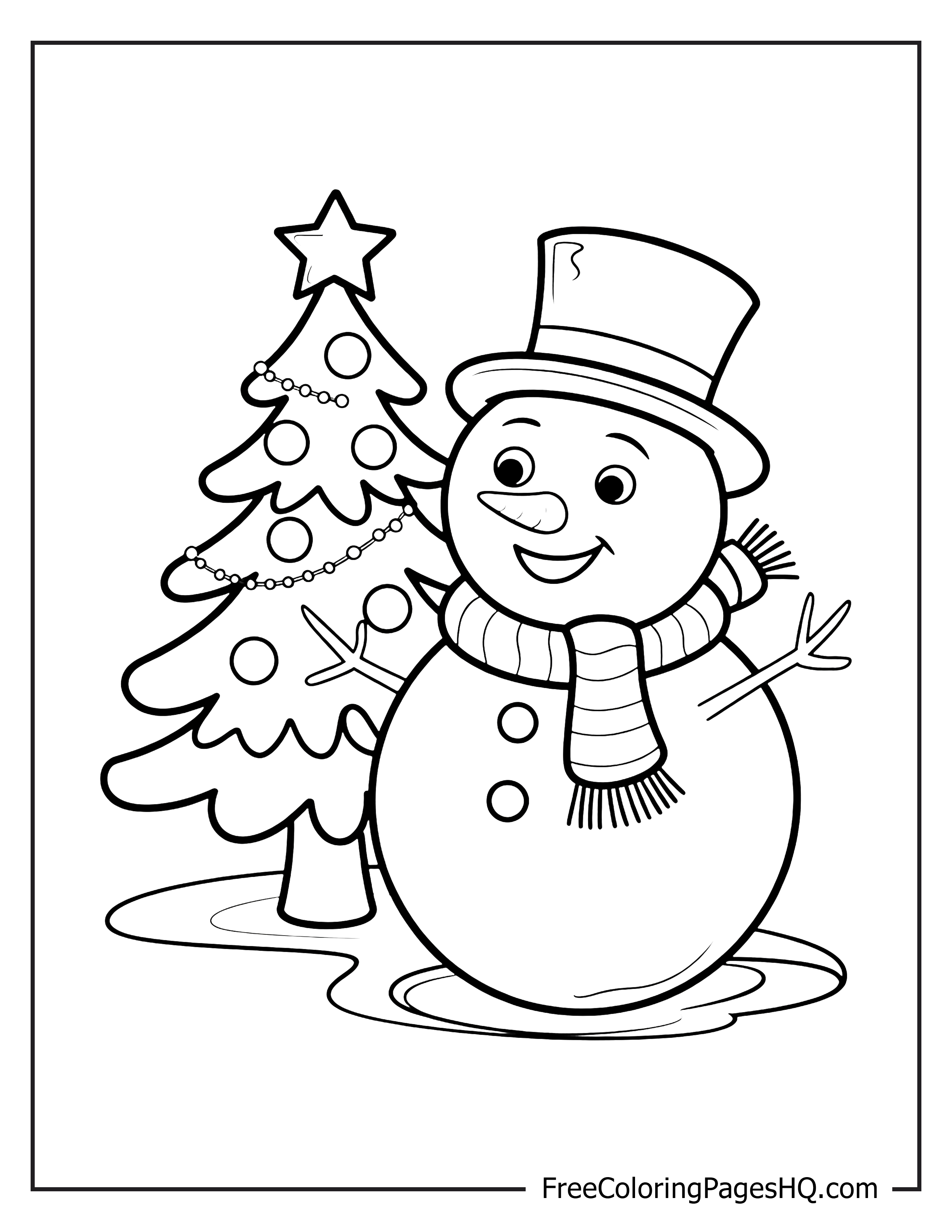 Happy snowman with a Christmas tree illustration.