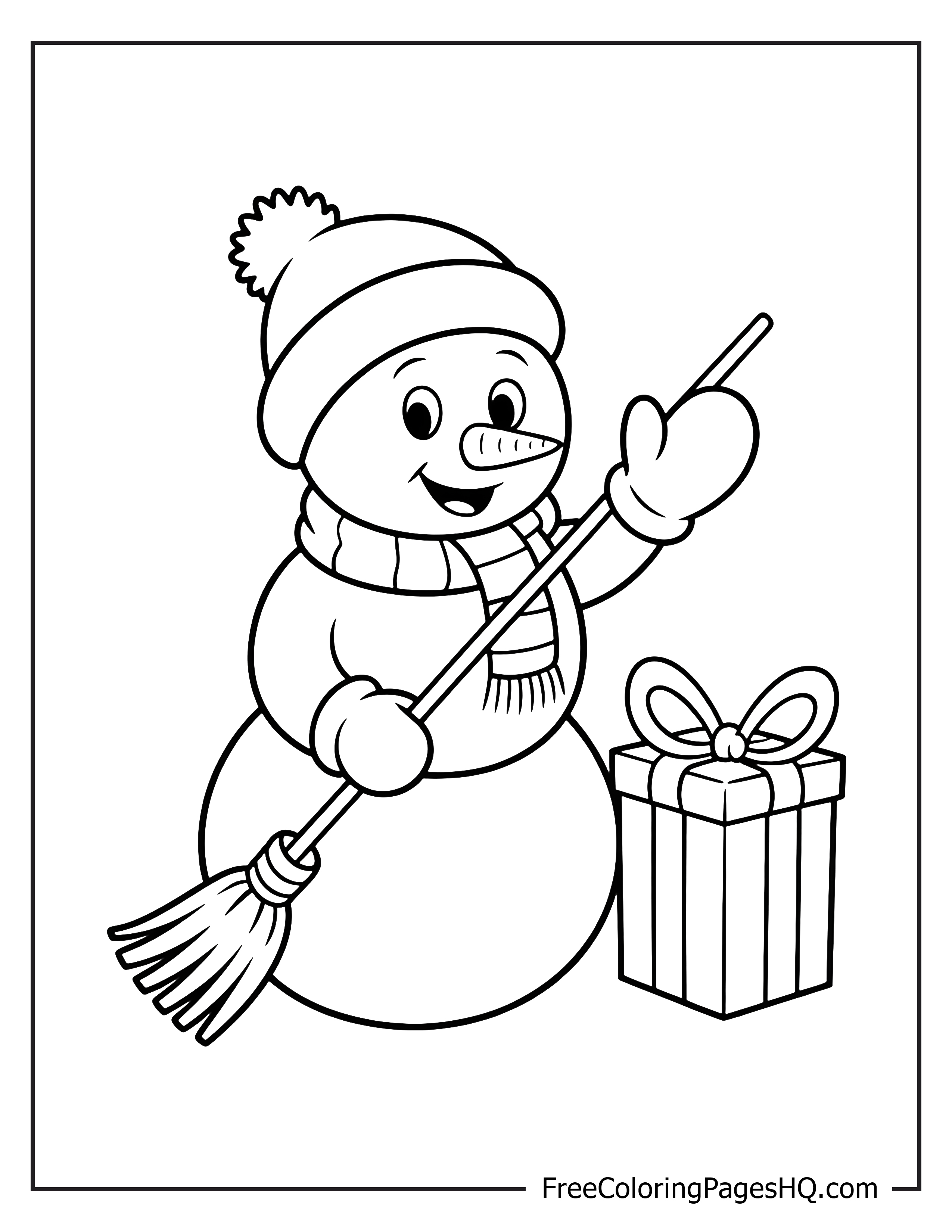 Smiling snowman with a broom and present illustration.