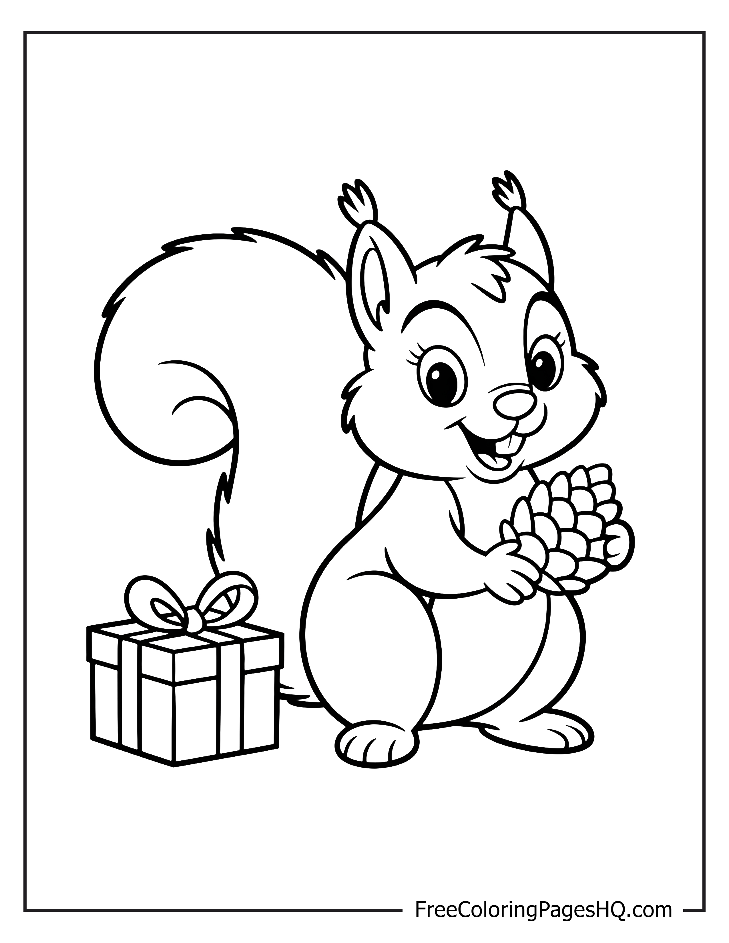 Cheerful squirrel with a pinecone and gift box.