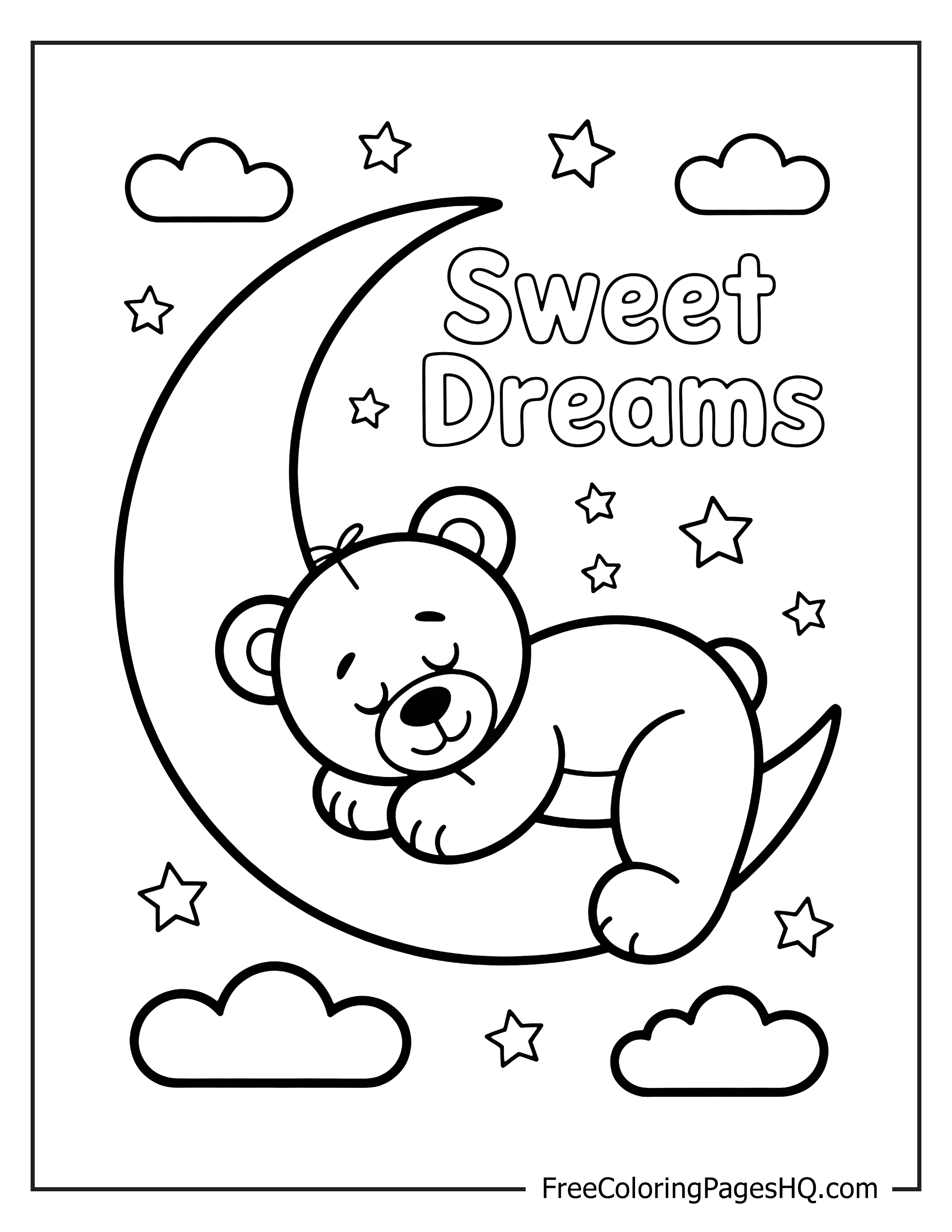 Sleeping bear on a moon with stars and clouds.