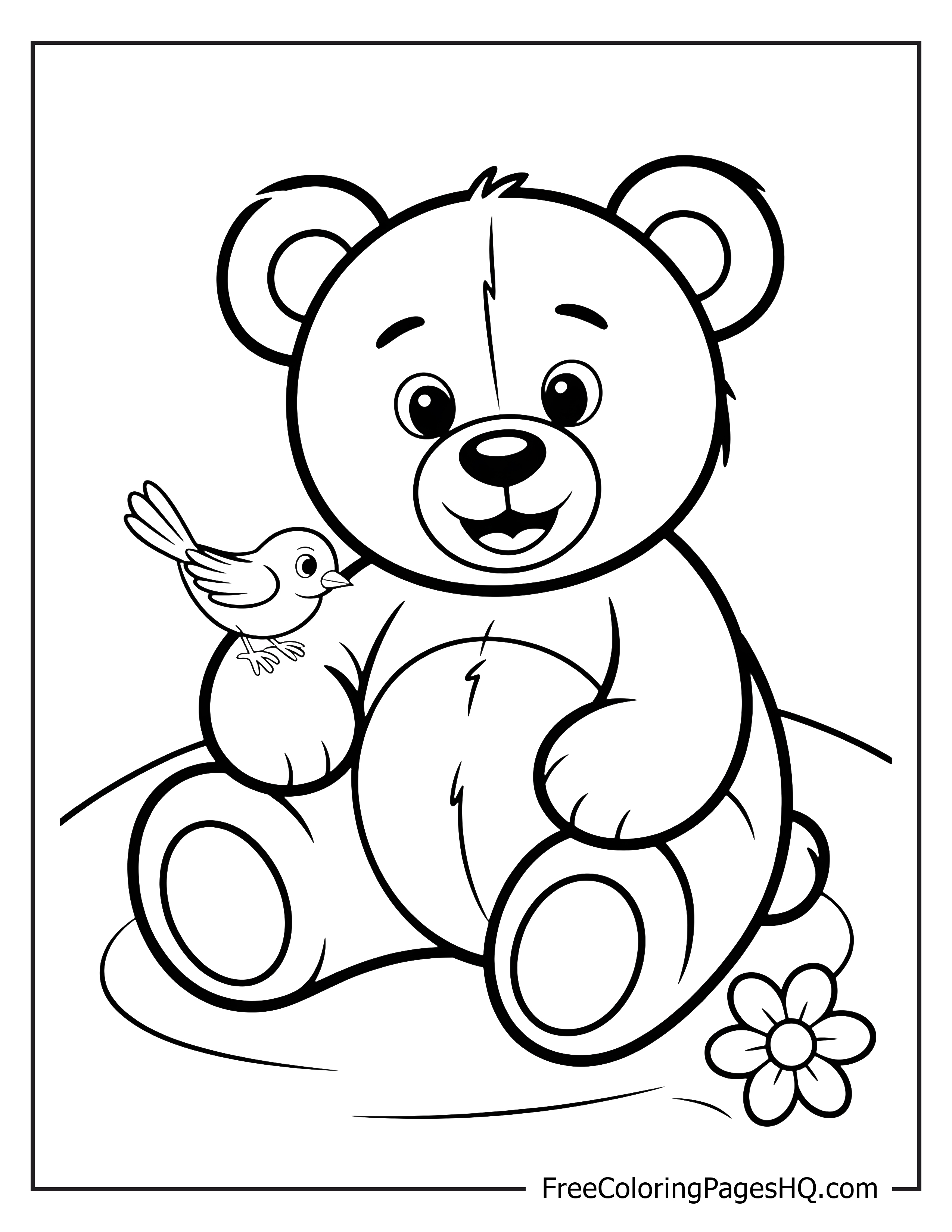 Cute teddy bear sitting with a small bird.