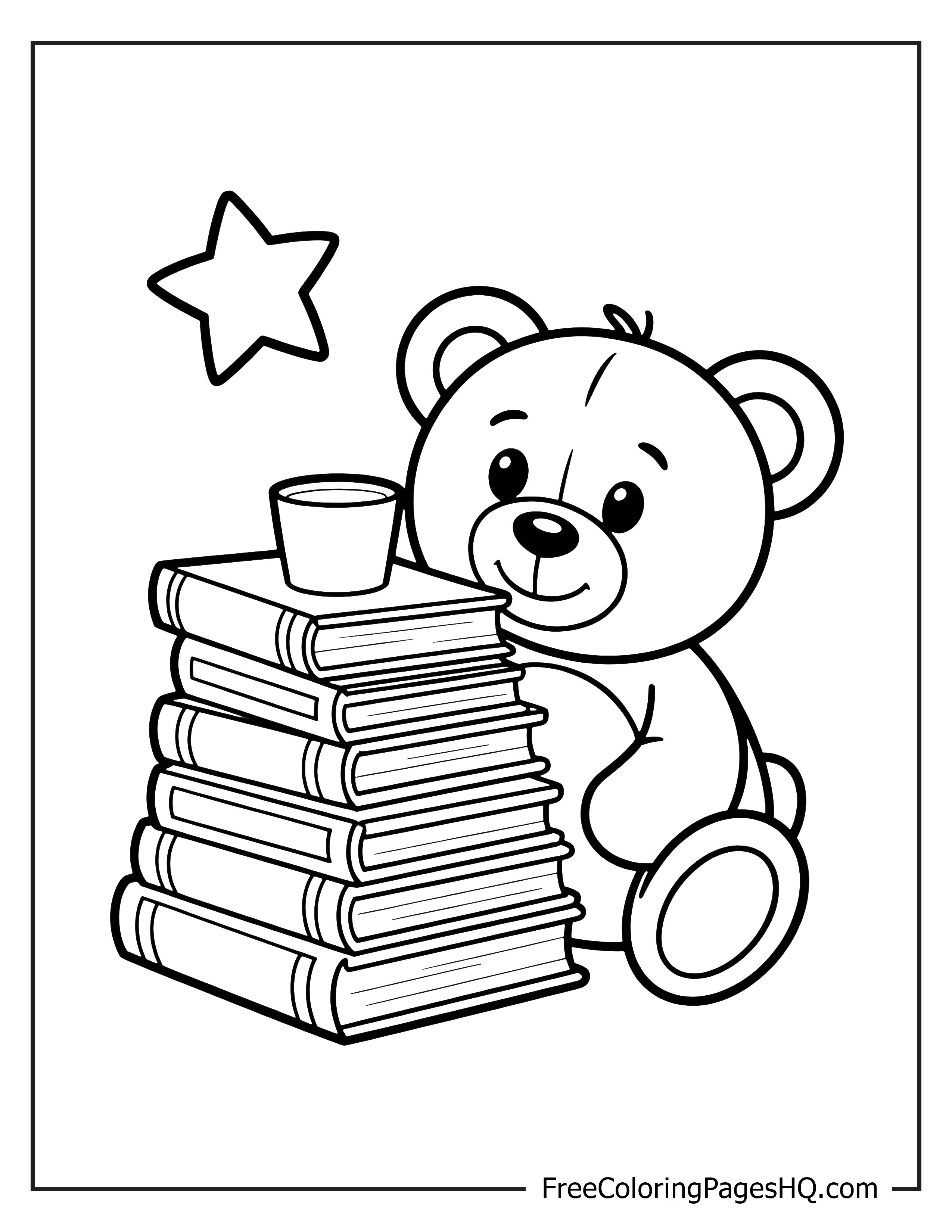 Teddy bear sitting with books and a star.
