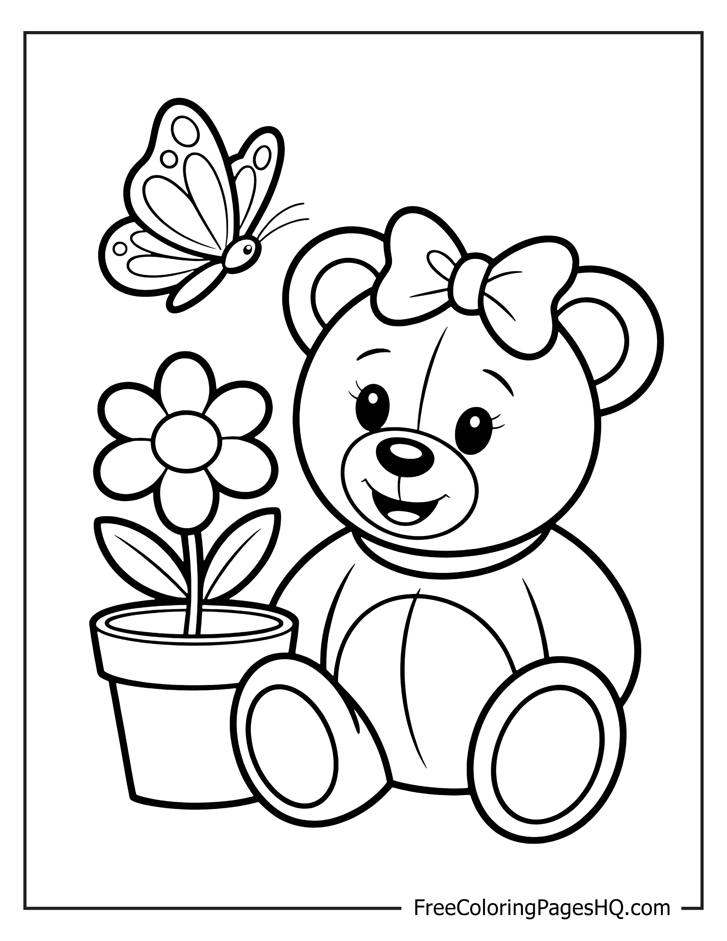 Teddy bear with flower and butterfly illustration.