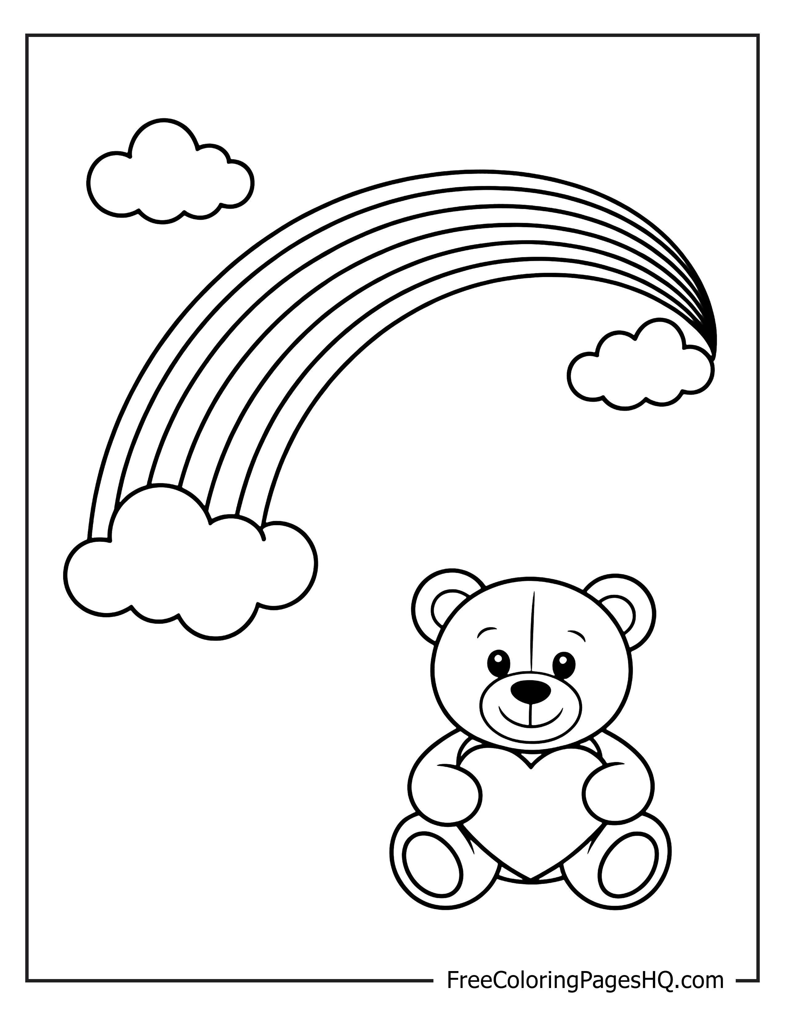 Teddy bear and rainbow with clouds illustration.