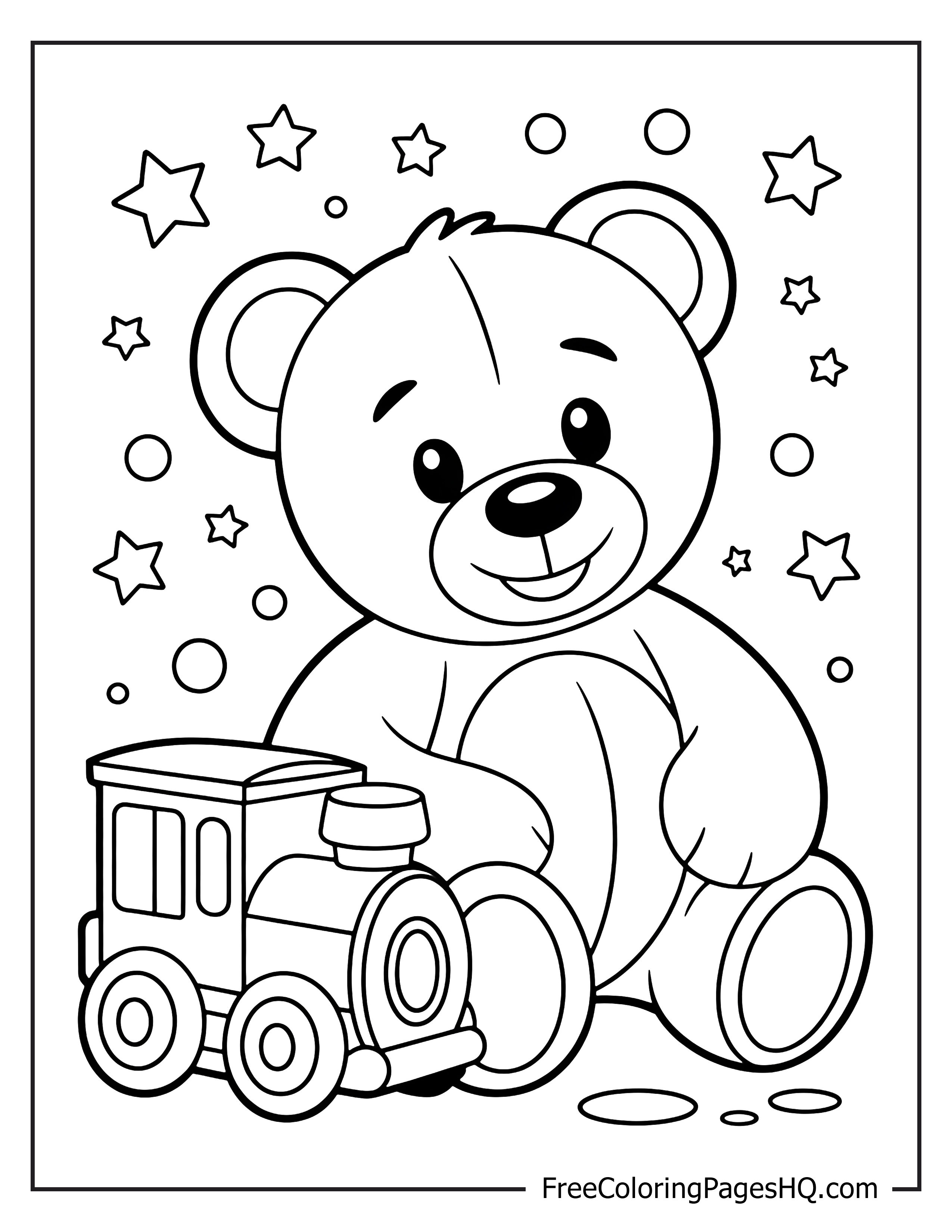 Teddy bear and train illustration with decorative stars.