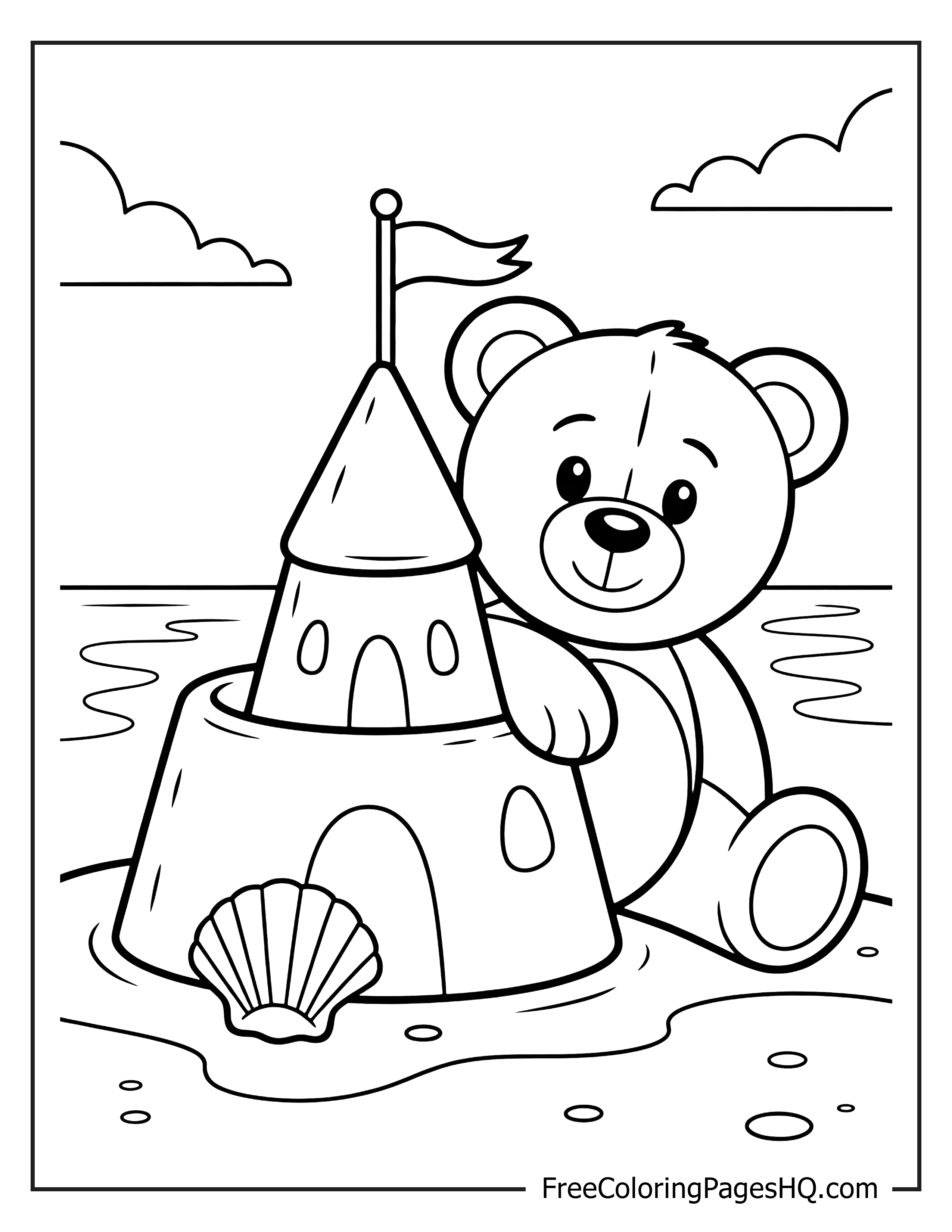 Teddy bear and sandcastle by the beach.