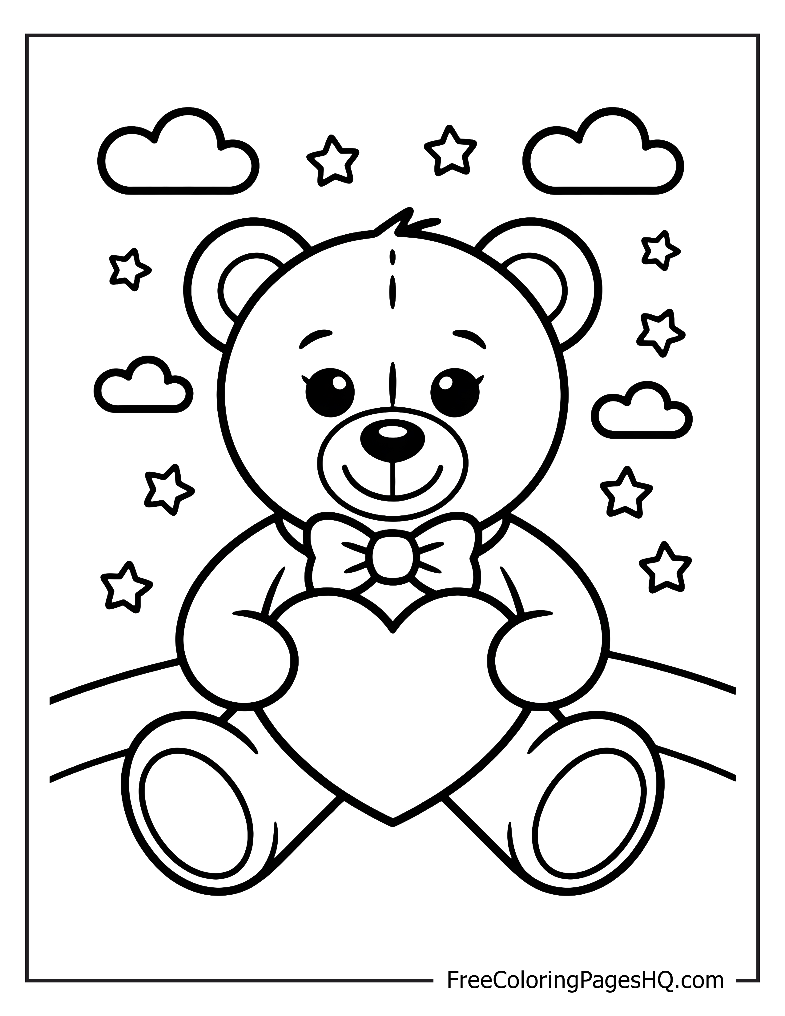 Teddy bear with heart and starry background.