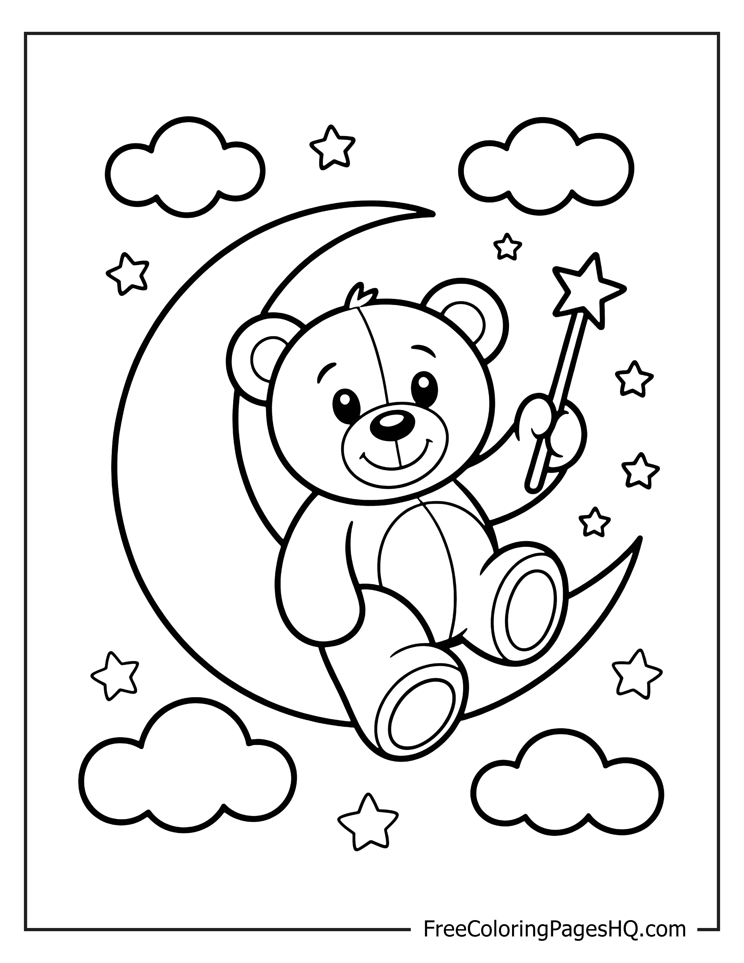 Teddy bear on a crescent moon with wand and stars.
