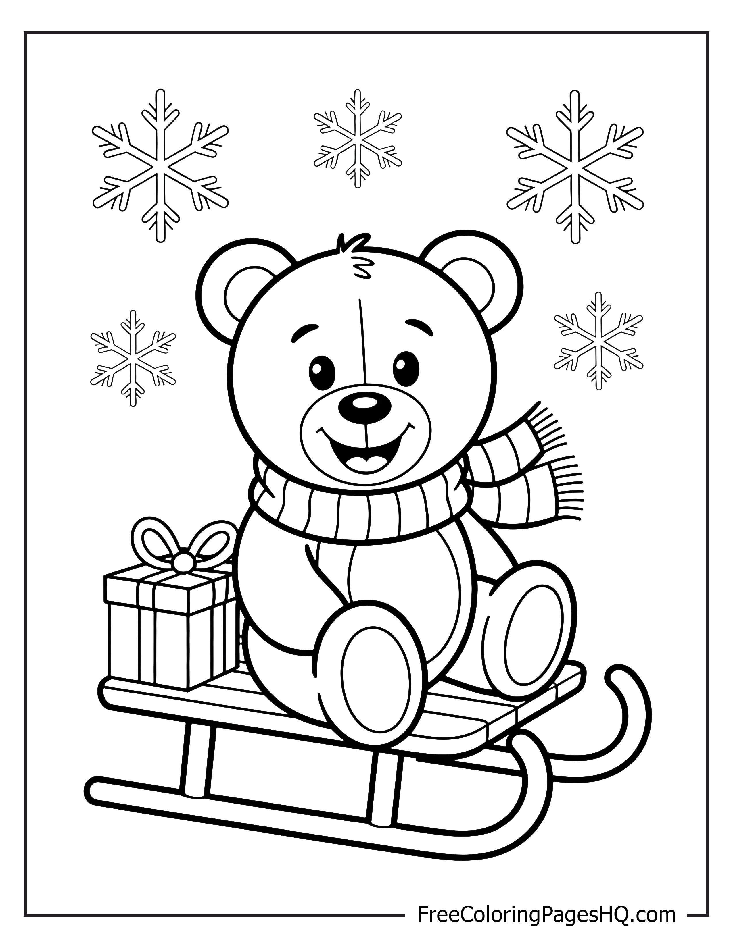 Teddy bear and sleigh surrounded by snowflakes.