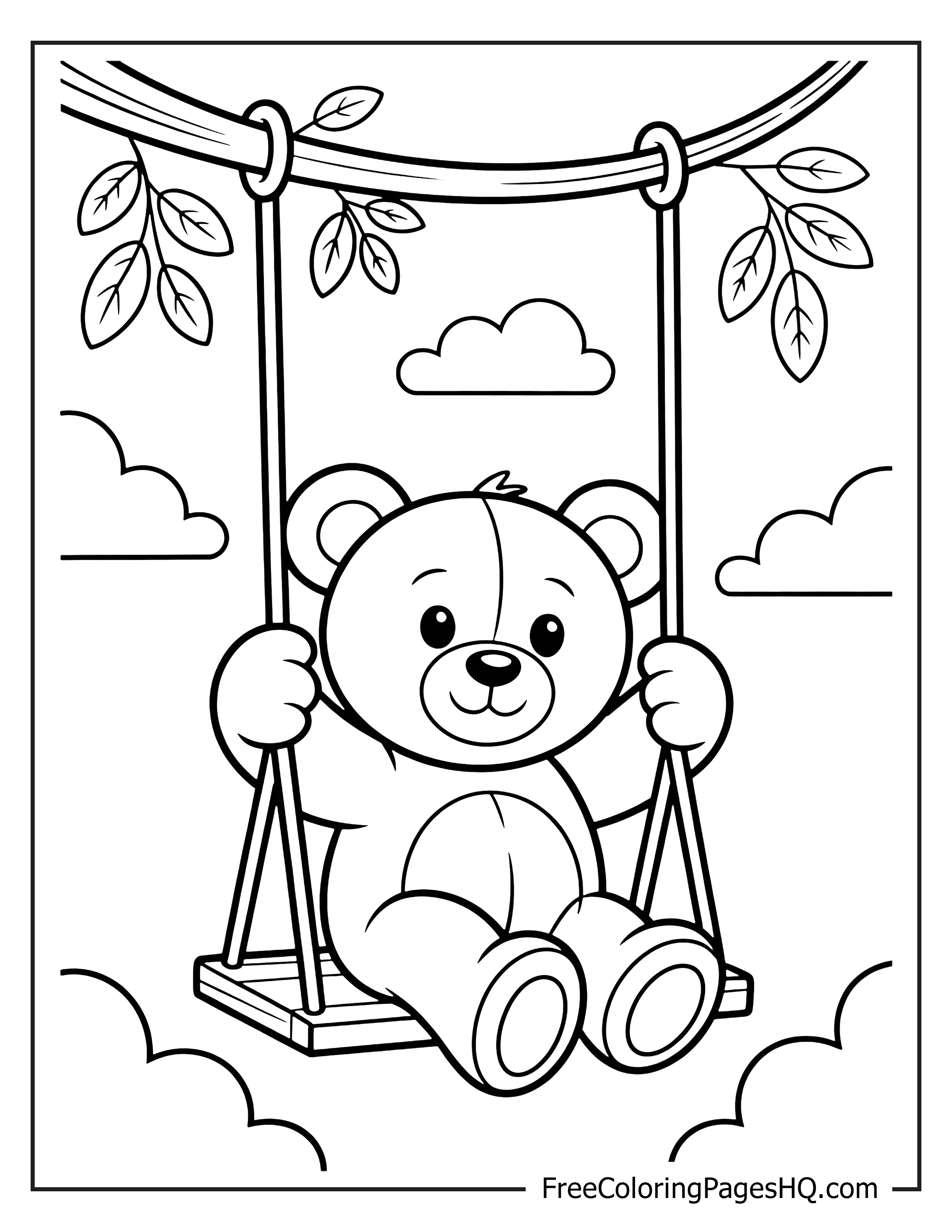 Teddy bear swinging happily among clouds and leaves.
