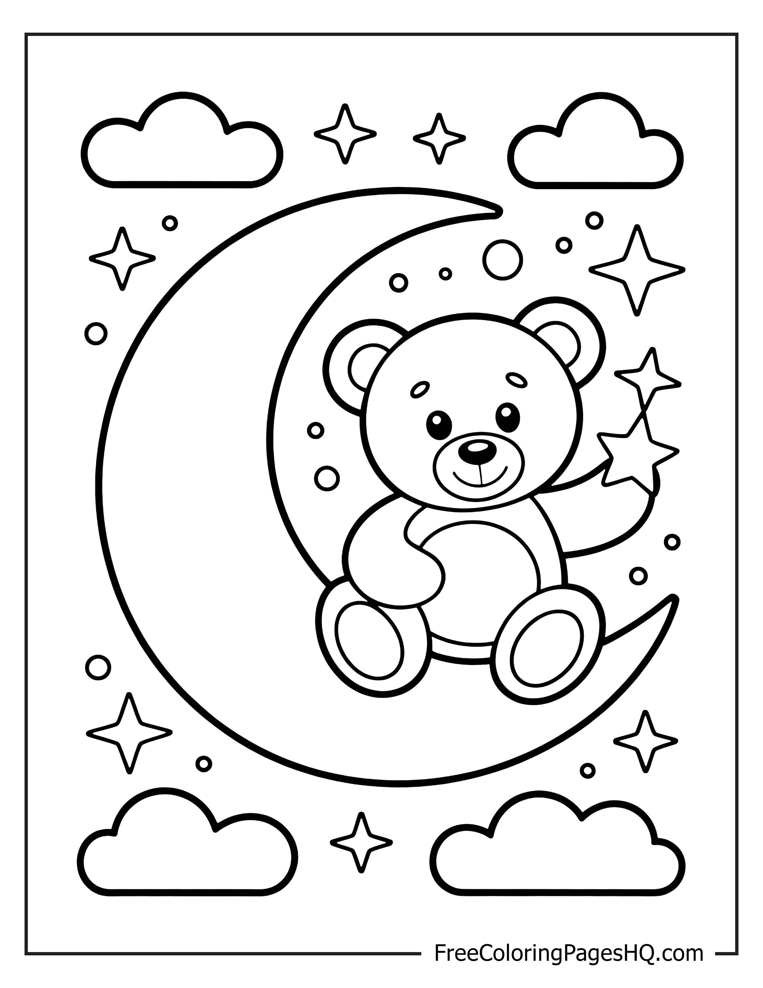 Teddy bear with crescent moon and stars illustration.