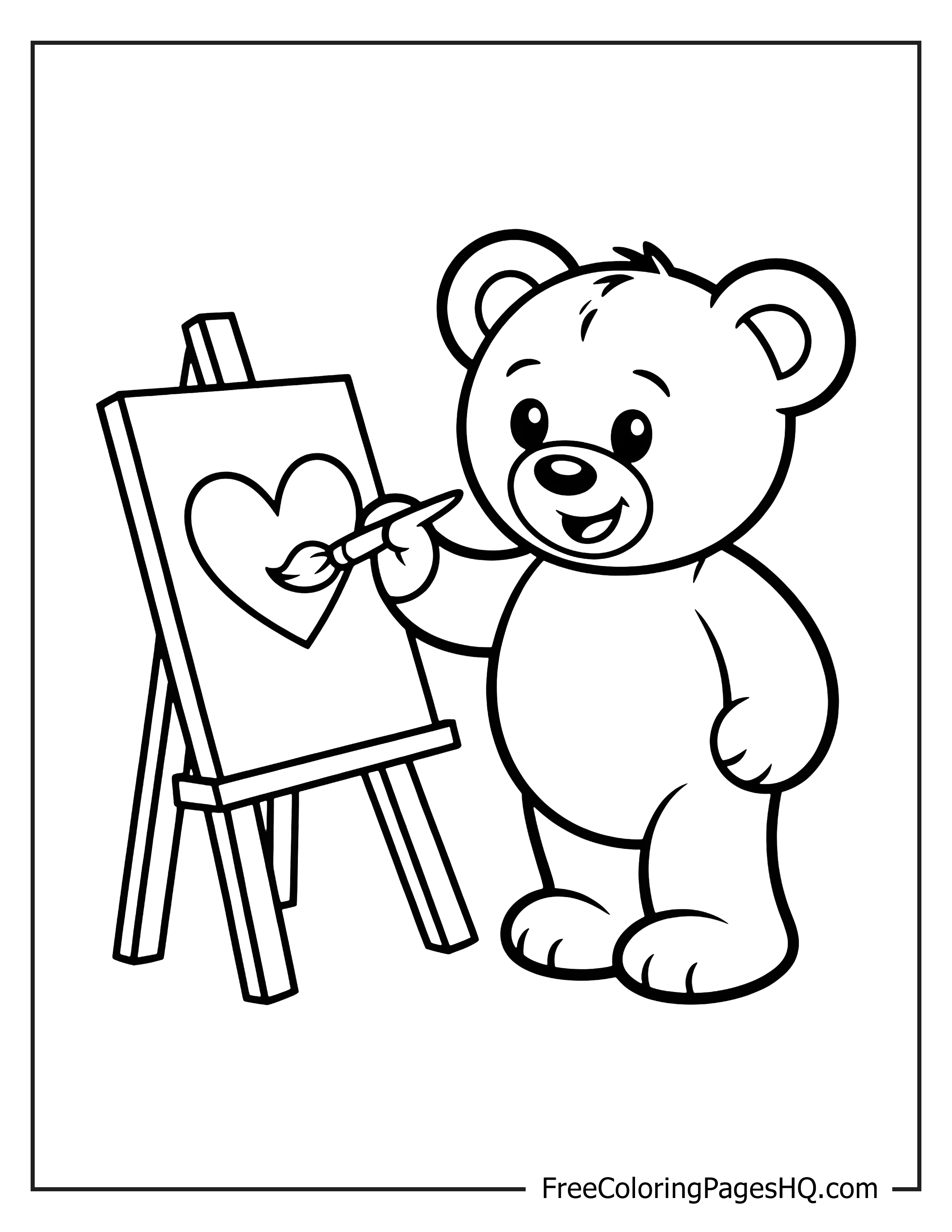 Illustration of a teddy bear painting a heart.