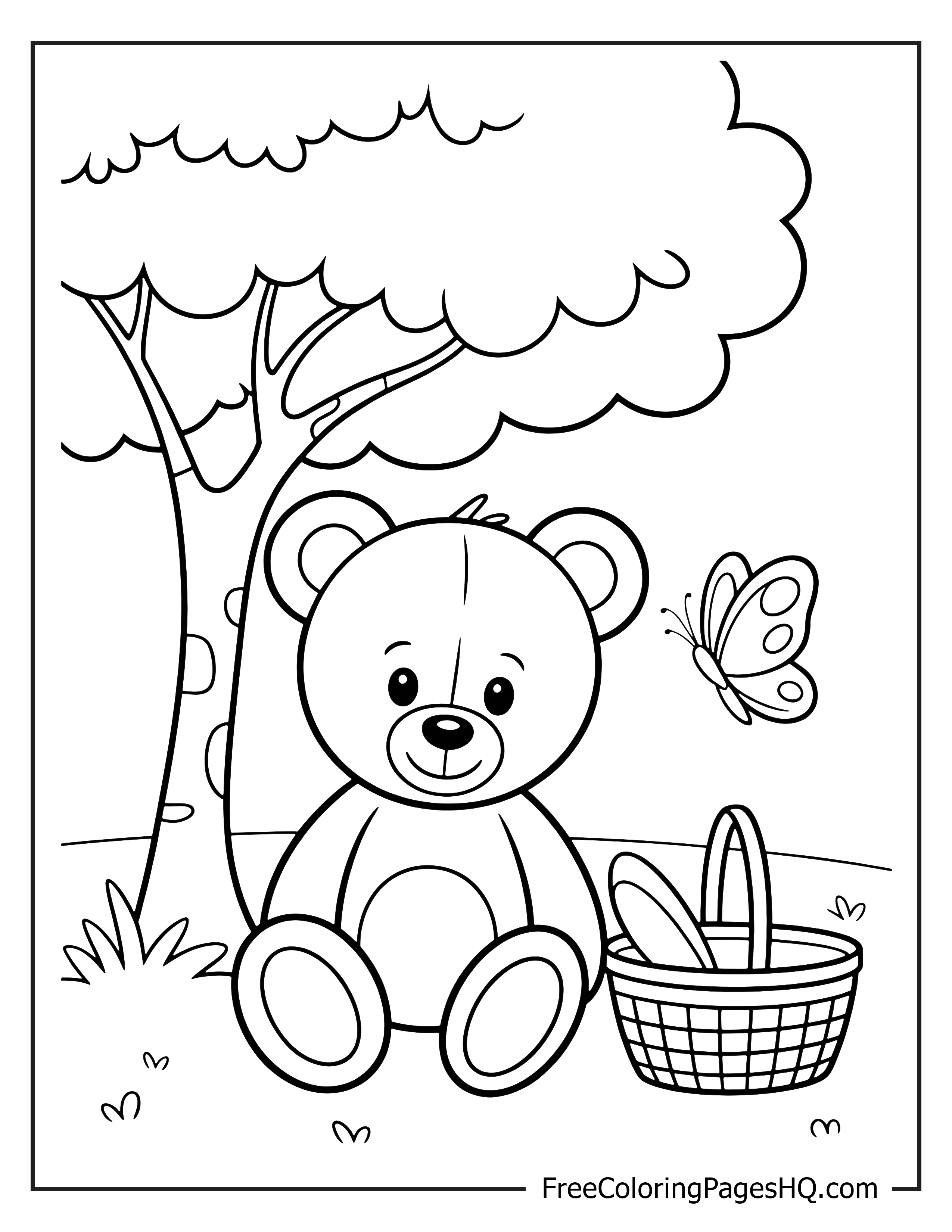 Teddy bear enjoying a picnic with a butterfly near a tree.