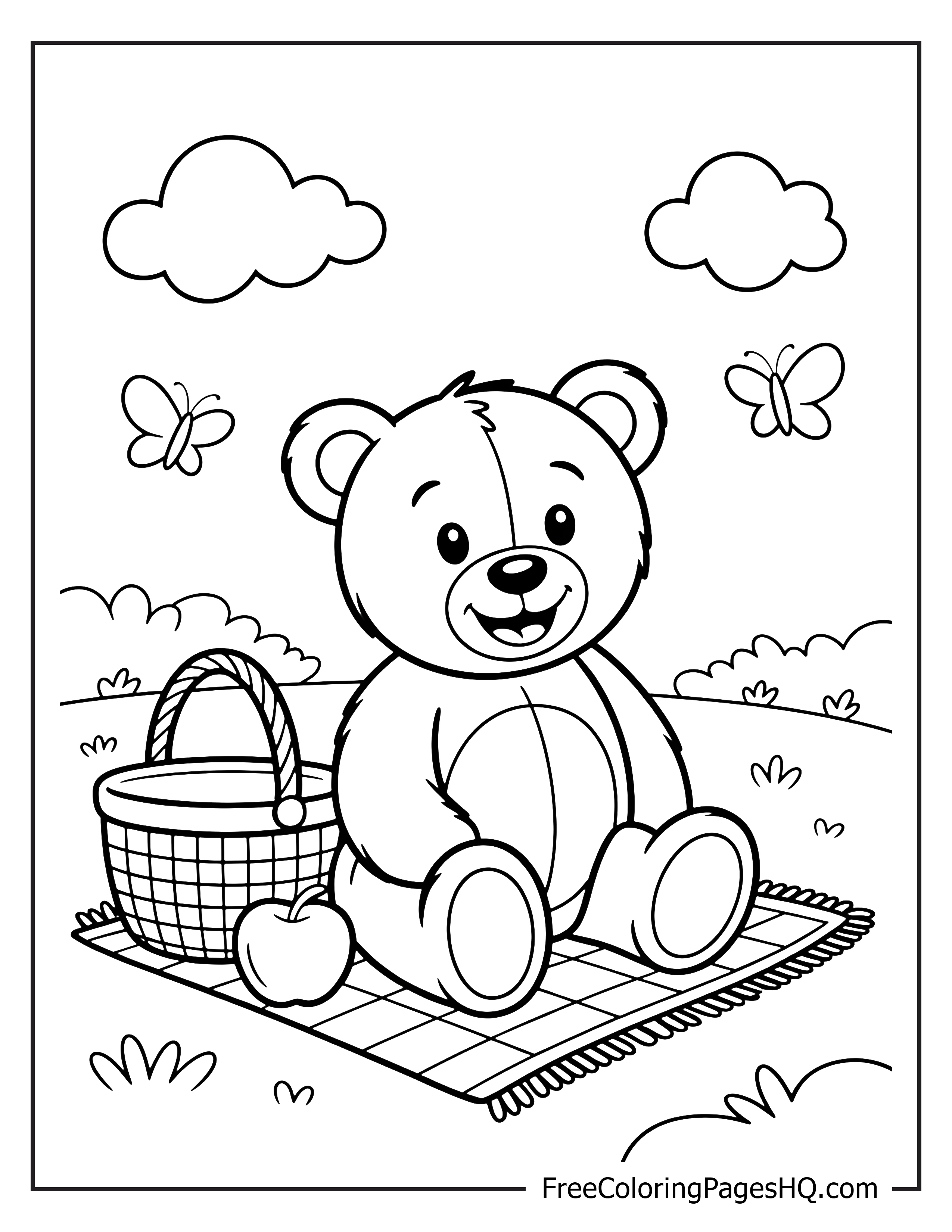 Teddy bear having a picnic with butterflies and clouds.