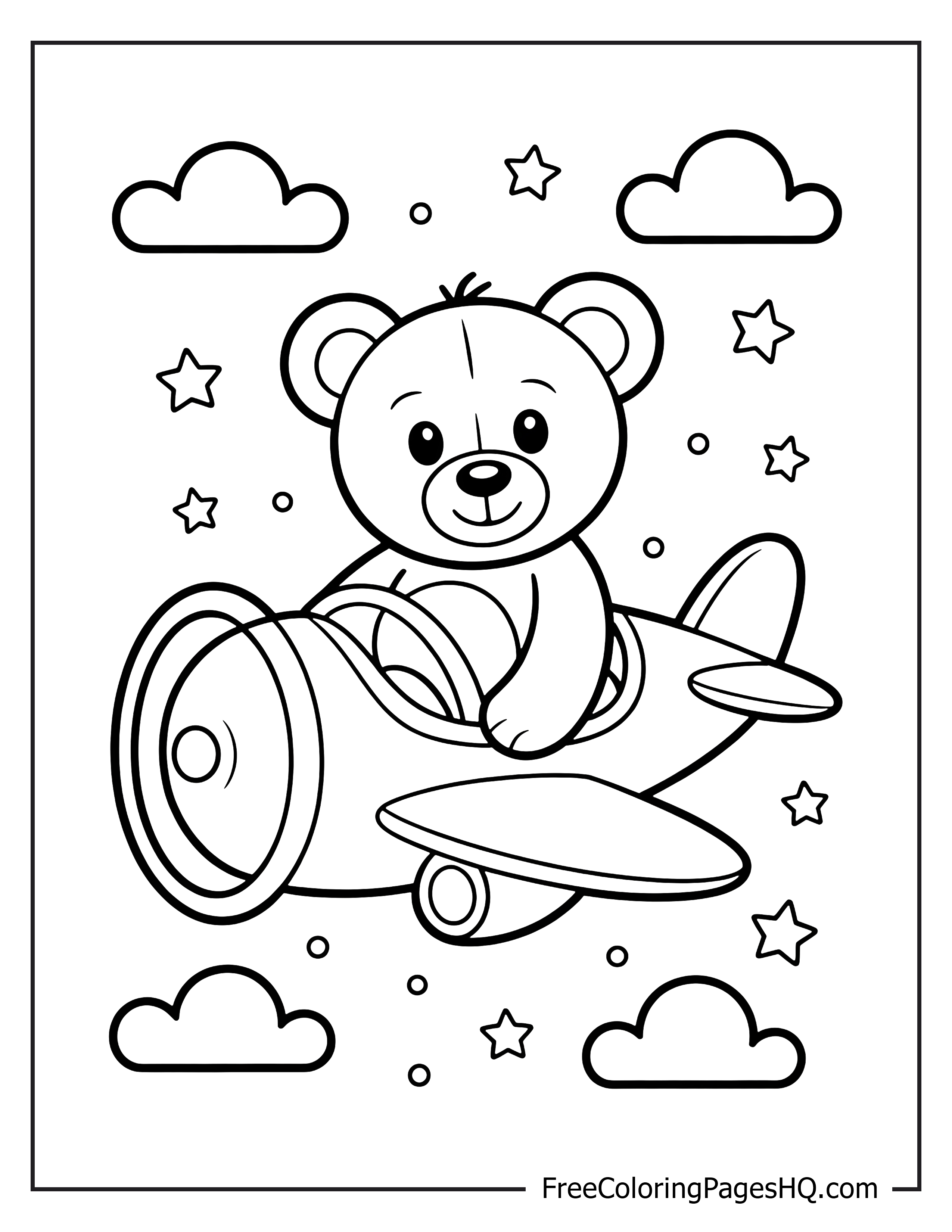 Adorable teddy bear flying an airplane through the sky.