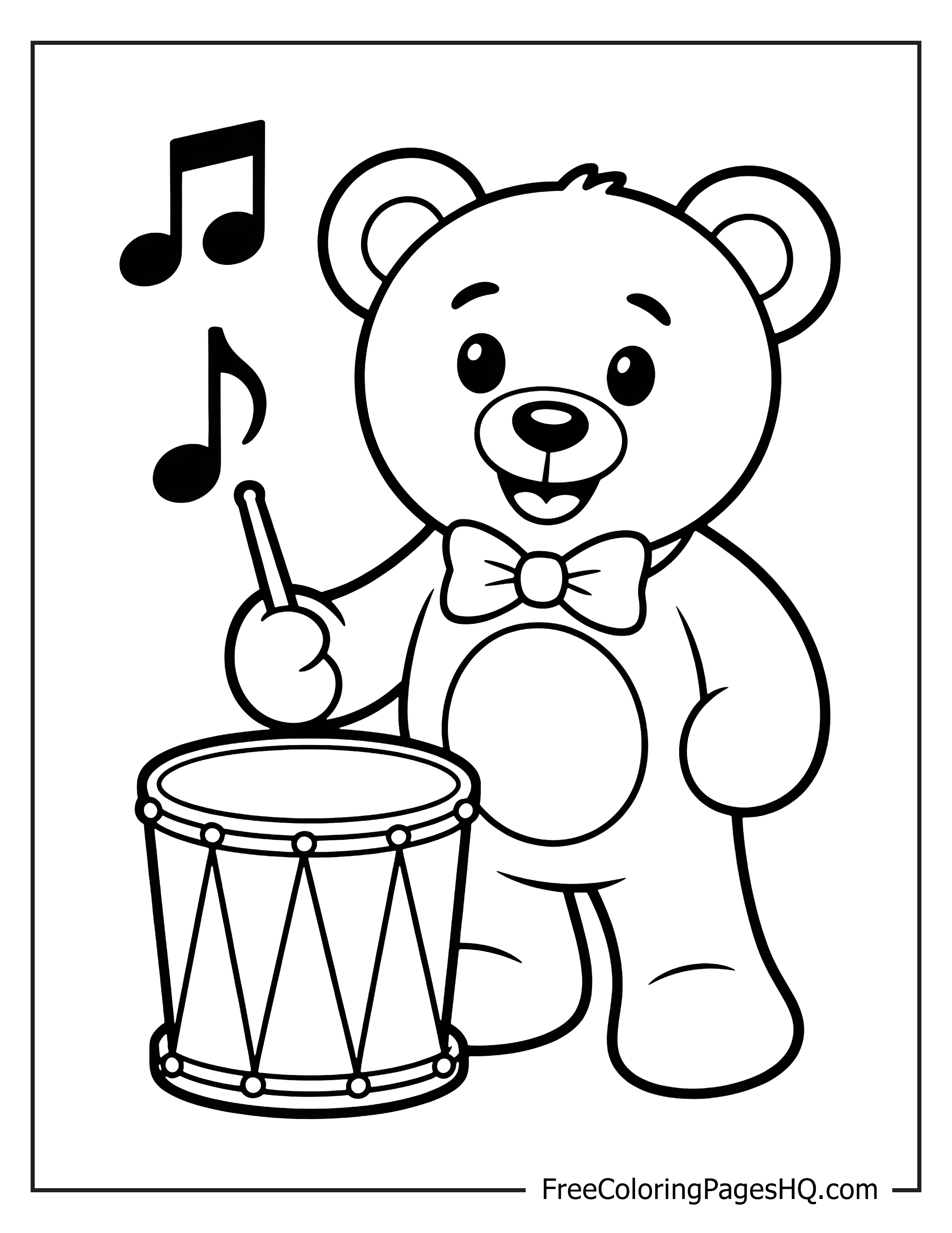 Teddy bear with a drum and music notes.