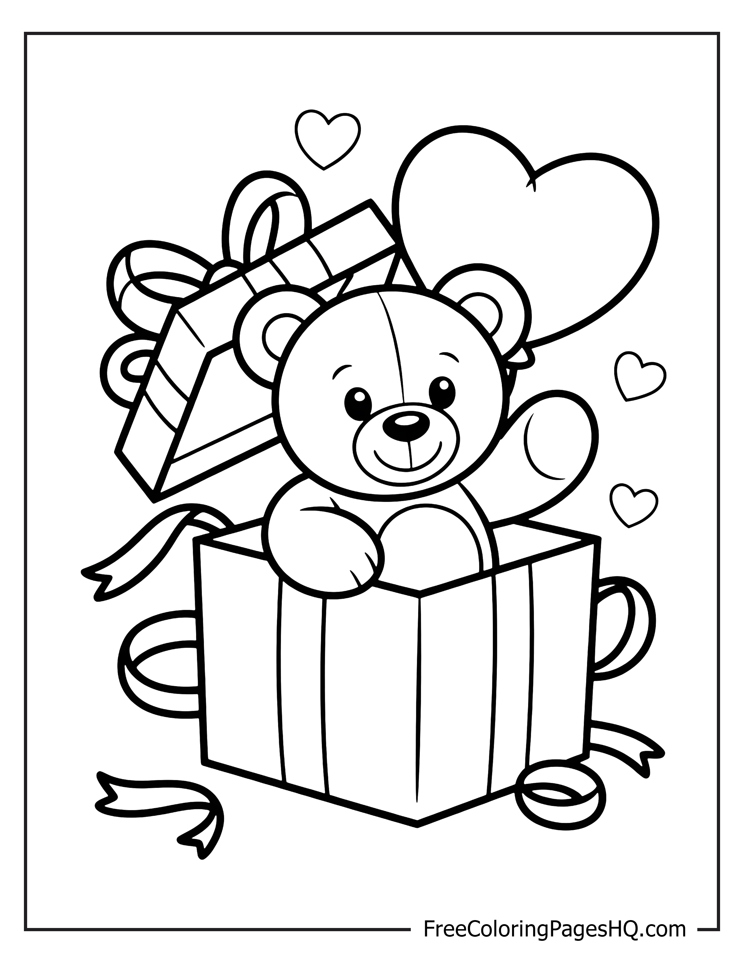 Teddy bear inside a gift box with hearts.